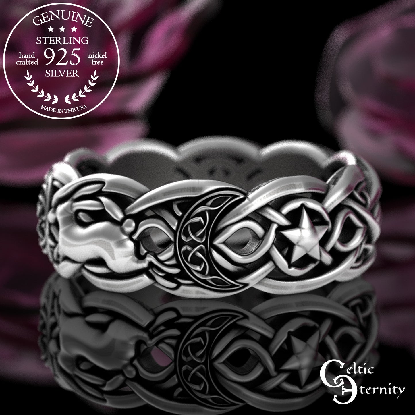 Sterling Celestial Rabbit Celtic Knotwork Ring - Magic Crescent Moons & Stars, 3284