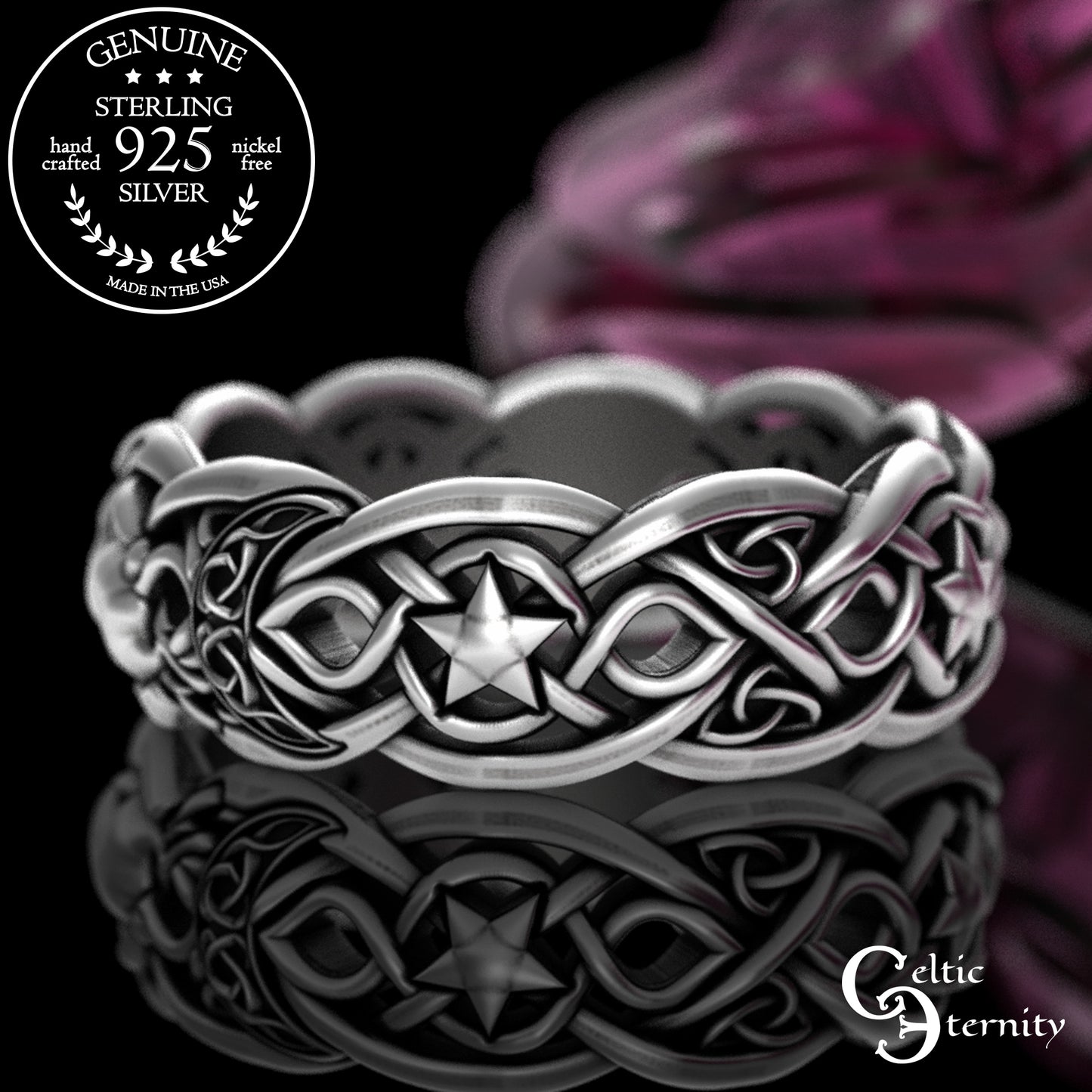 Sterling Celestial Rabbit Celtic Knotwork Ring - Magic Crescent Moons & Stars, 3284