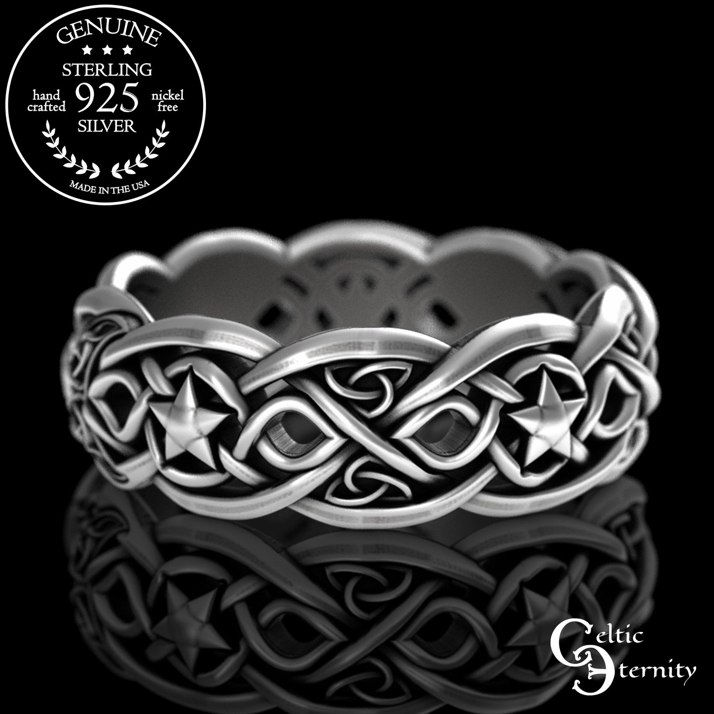 Sterling Celestial Rabbit Celtic Knotwork Ring - Magic Crescent Moons & Stars, 3284
