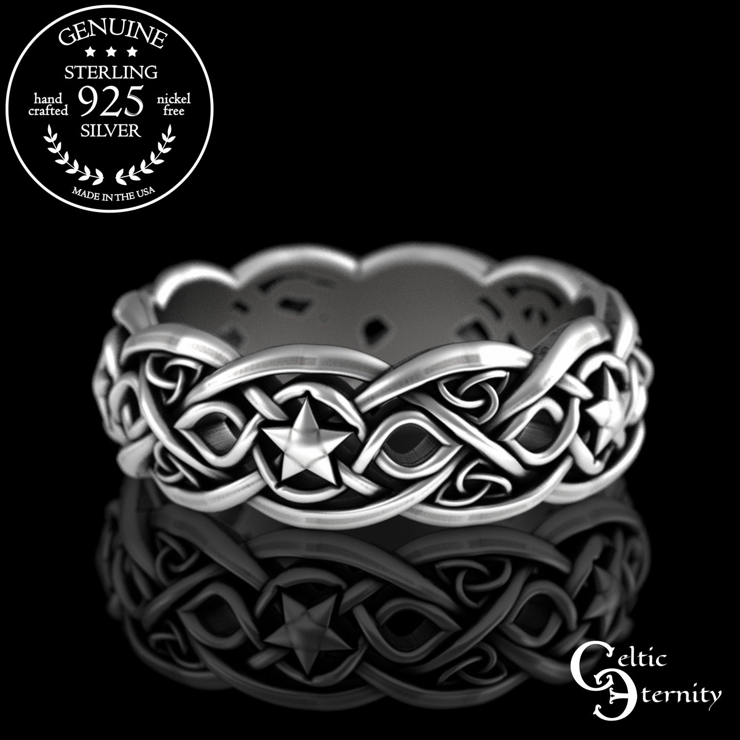 Sterling Celestial Rabbit Celtic Knotwork Ring - Magic Crescent Moons & Stars, 3284