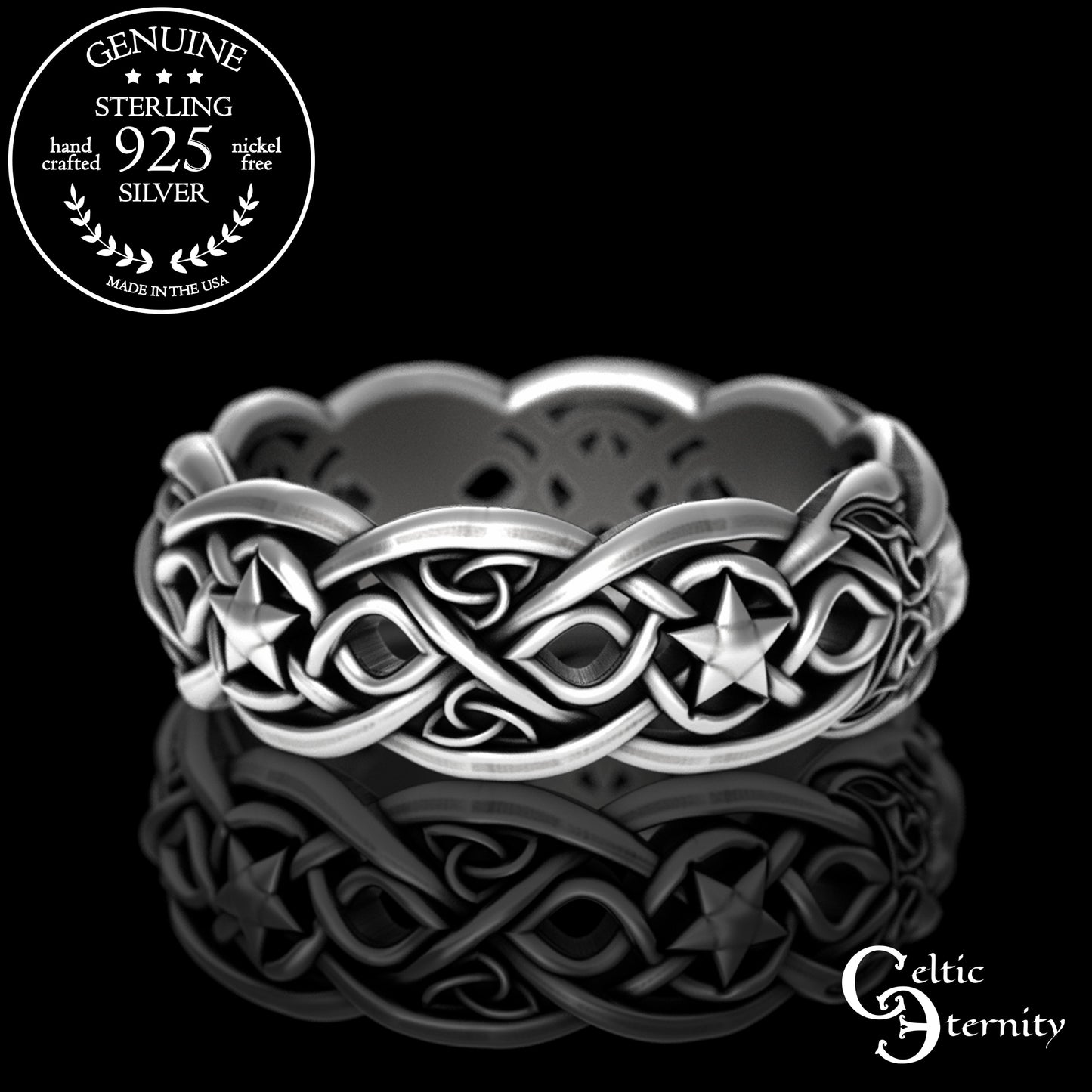 Sterling Celestial Rabbit Celtic Knotwork Ring - Magic Crescent Moons & Stars, 3284