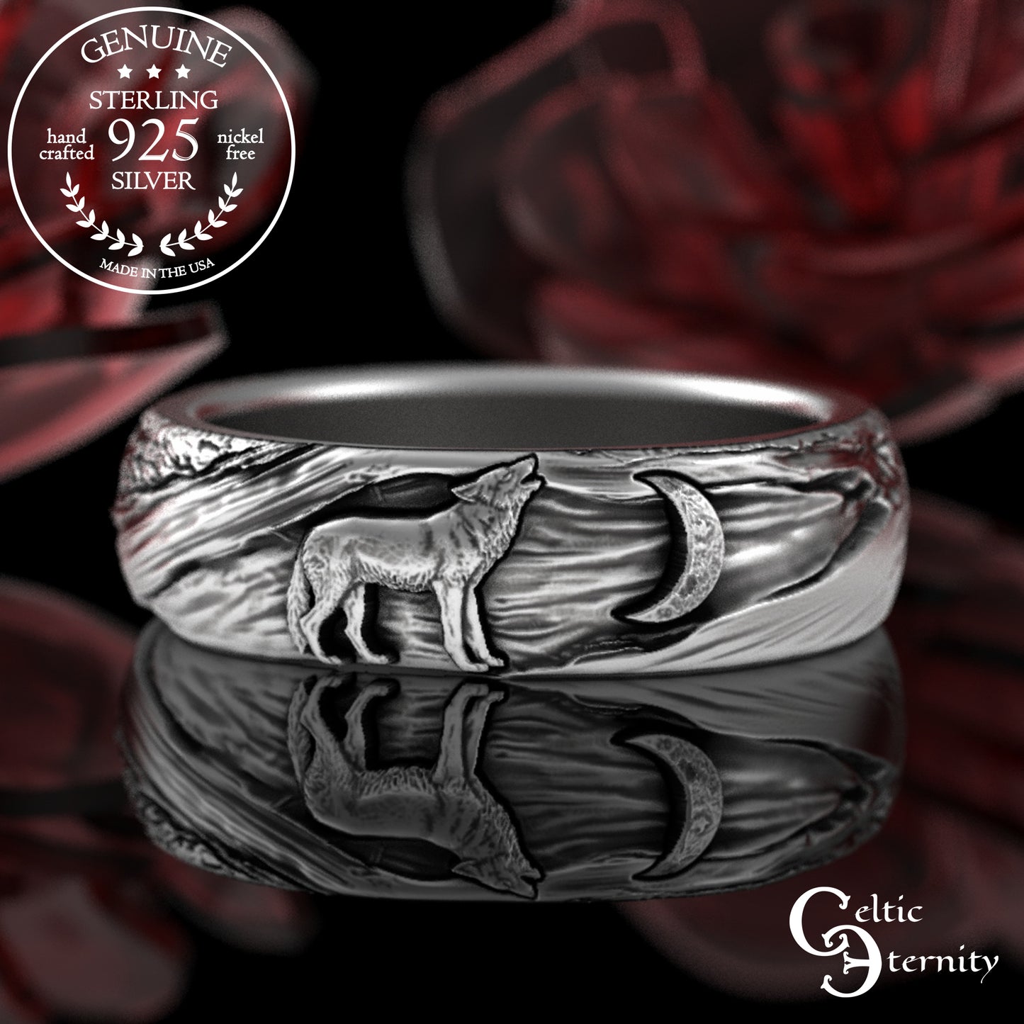 Sterling Silver Wolf Howling at the Moon Ring - Tree Bark Texture, 3288