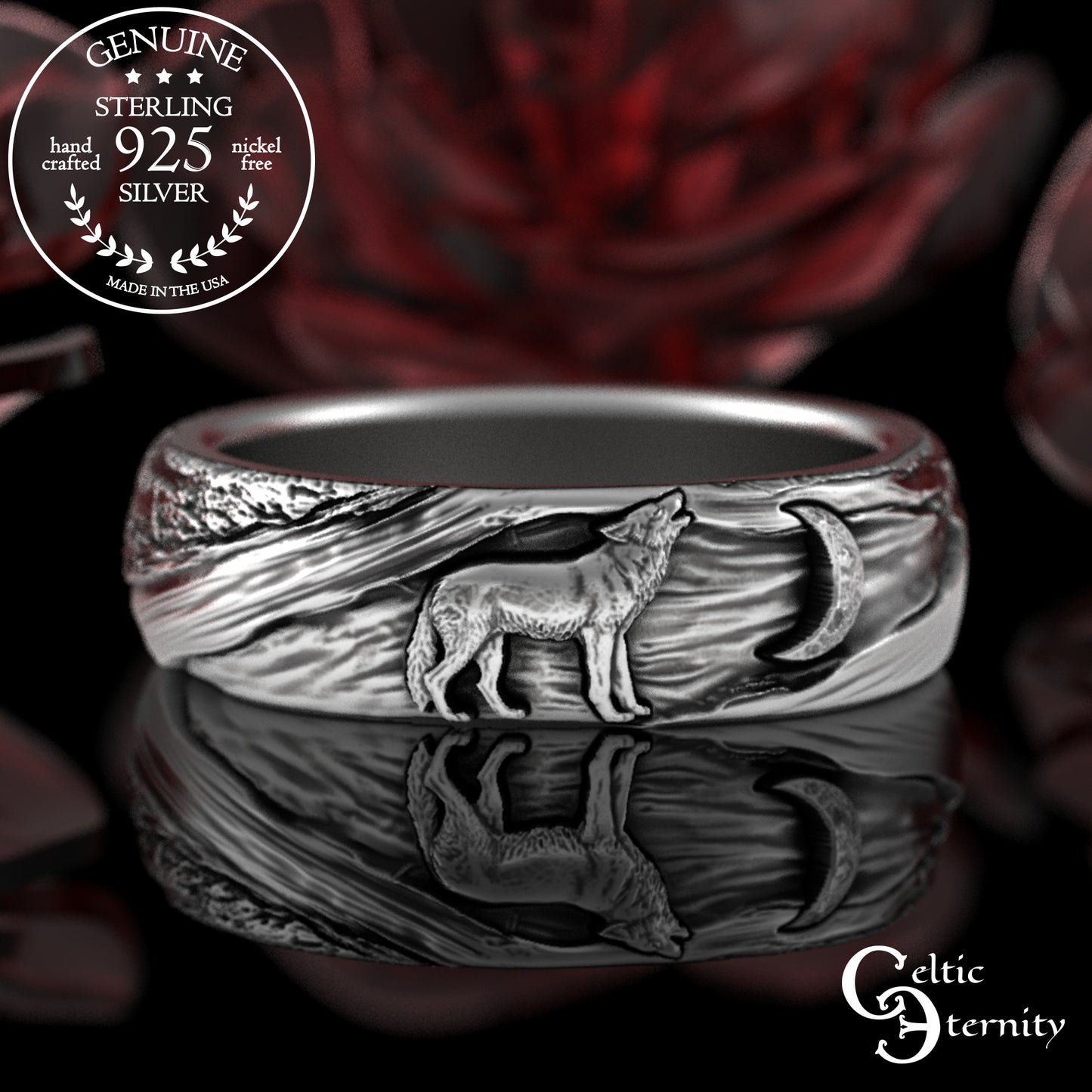 Sterling Silver Wolf Howling at the Moon Ring - Tree Bark Texture, 3288
