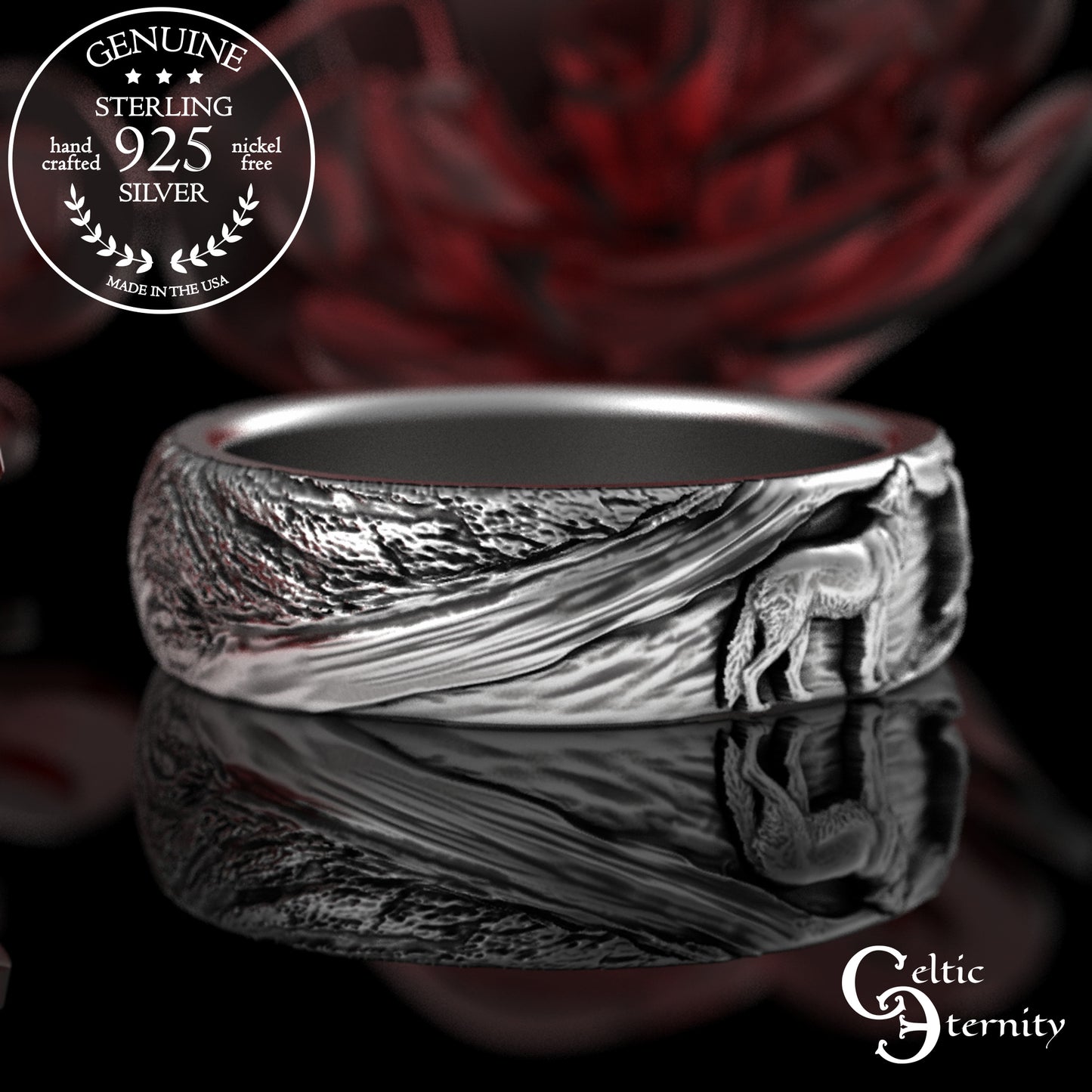 Sterling Silver Wolf Howling at the Moon Ring - Tree Bark Texture, 3288