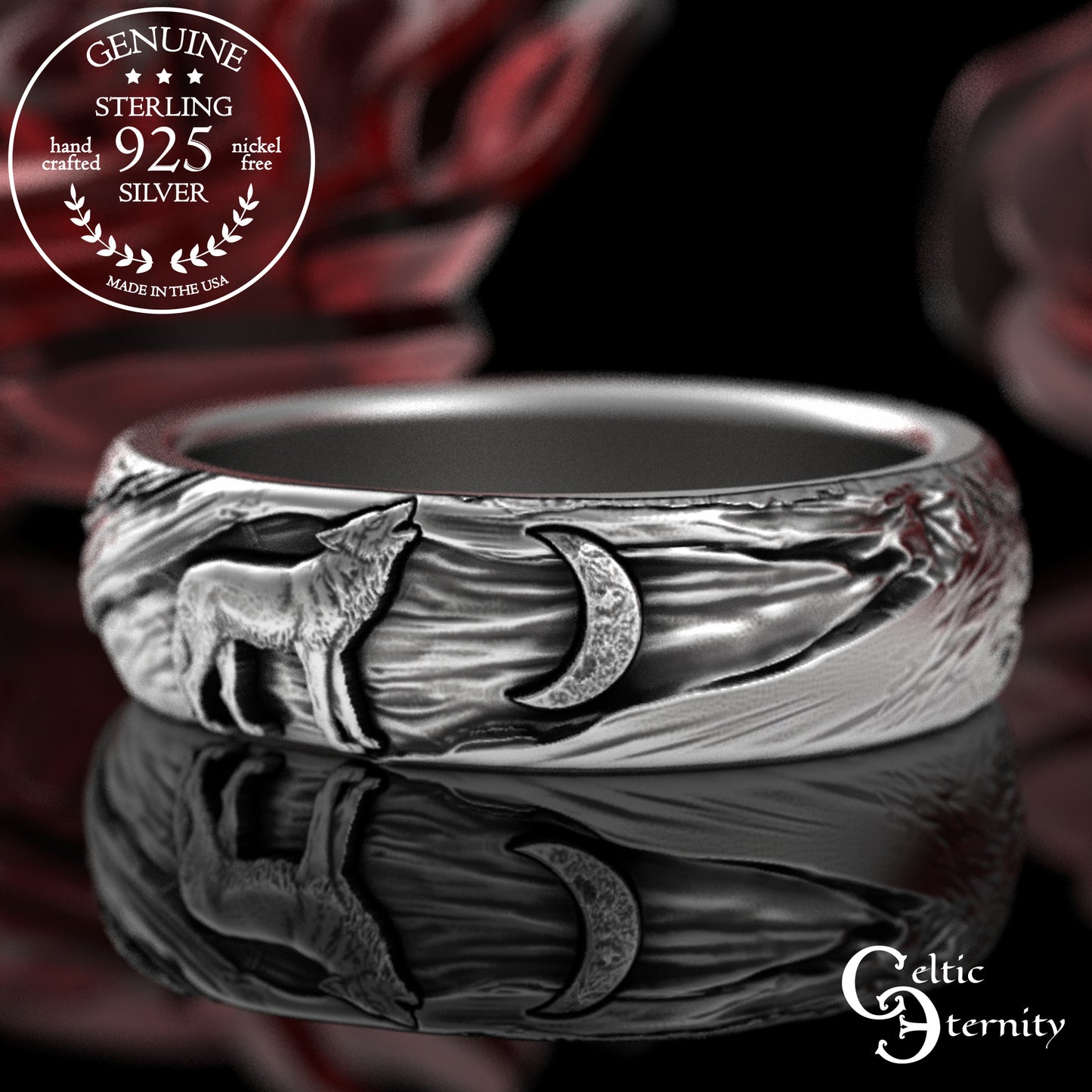 Sterling Silver Wolf Howling at the Moon Ring - Tree Bark Texture, 3288