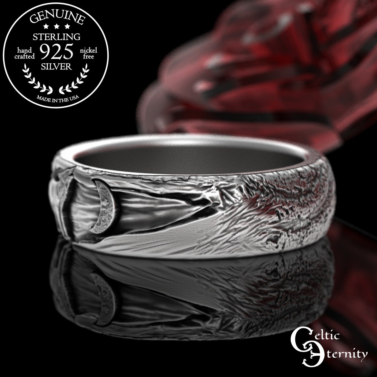 Sterling Silver Wolf Howling at the Moon Ring - Tree Bark Texture, 3288