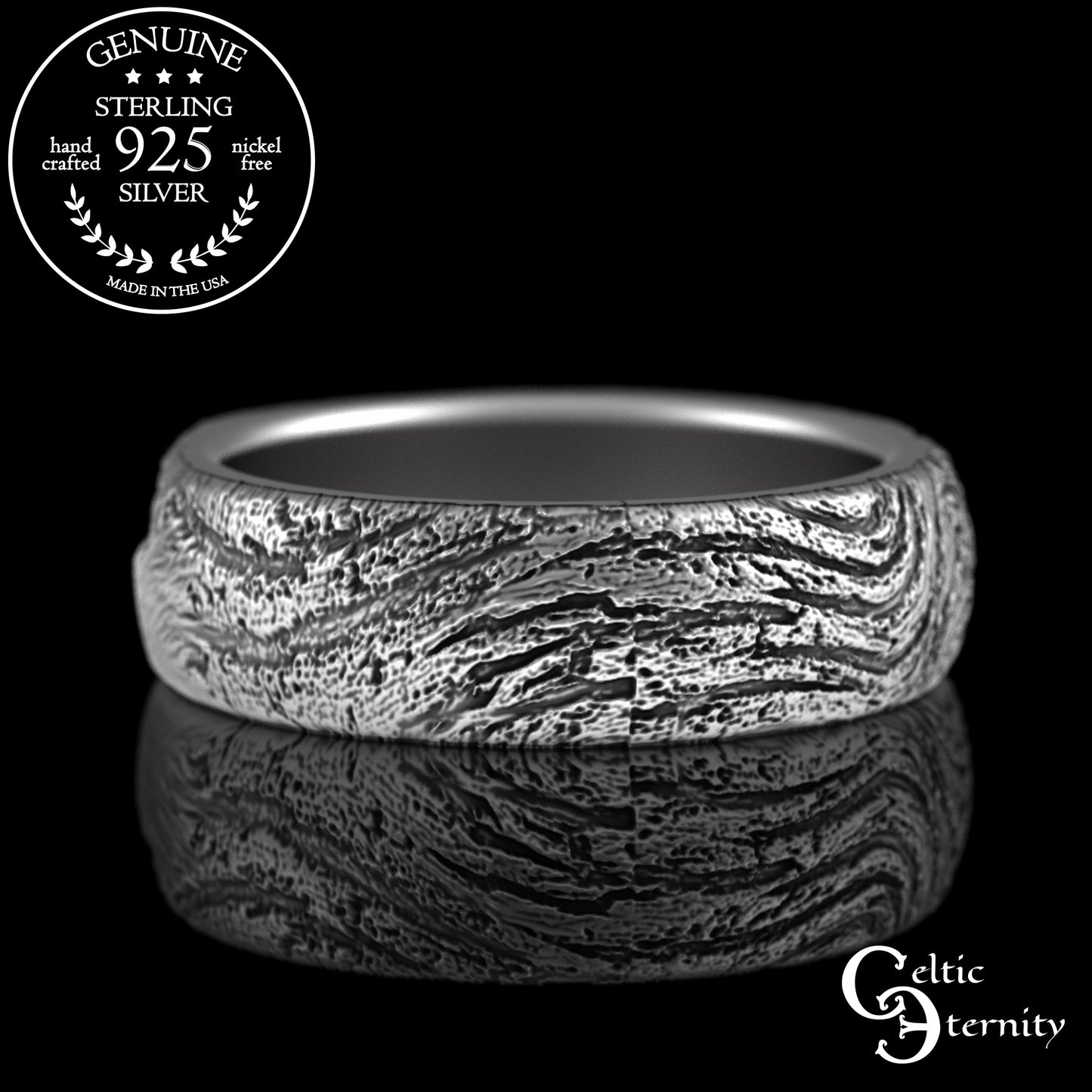 Sterling Silver Wolf Howling at the Moon Ring - Tree Bark Texture, 3288