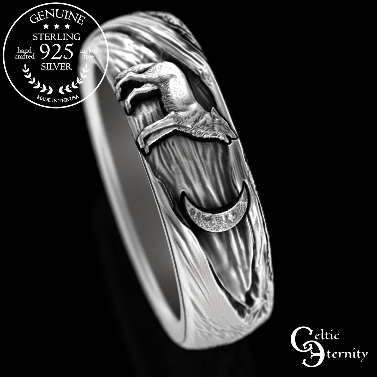 Sterling Silver Wolf Howling at the Moon Ring - Tree Bark Texture, 3288