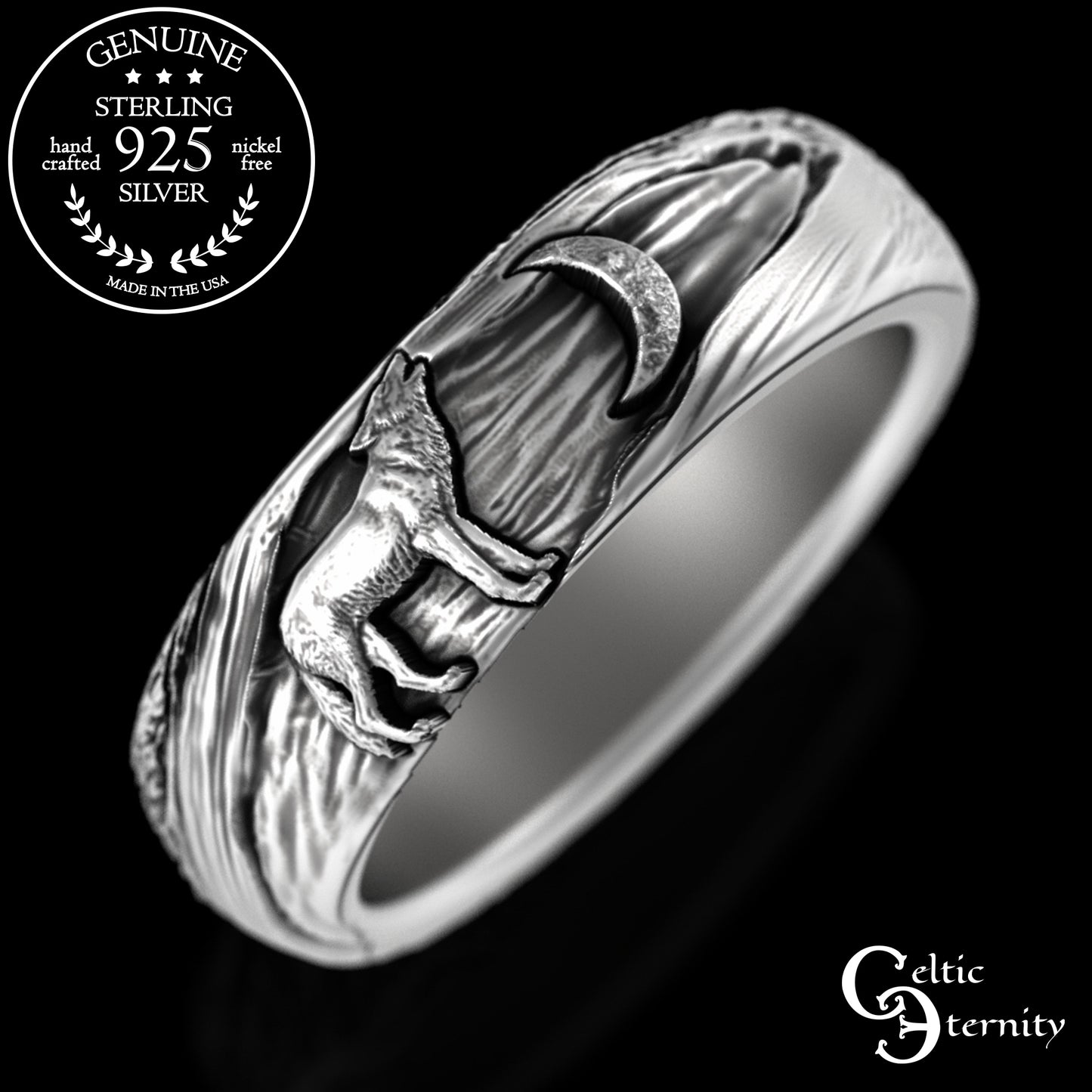 Sterling Silver Wolf Howling at the Moon Ring - Tree Bark Texture, 3288