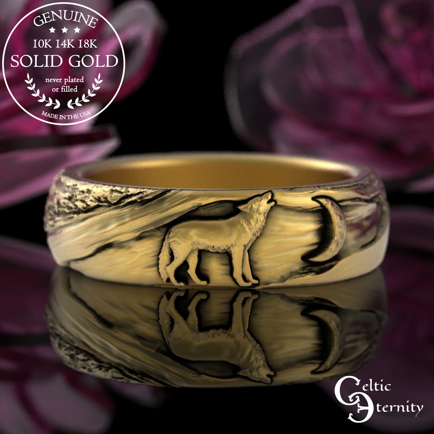 Sterling Silver Wolf Howling at the Moon Ring - Tree Bark Texture, 3288
