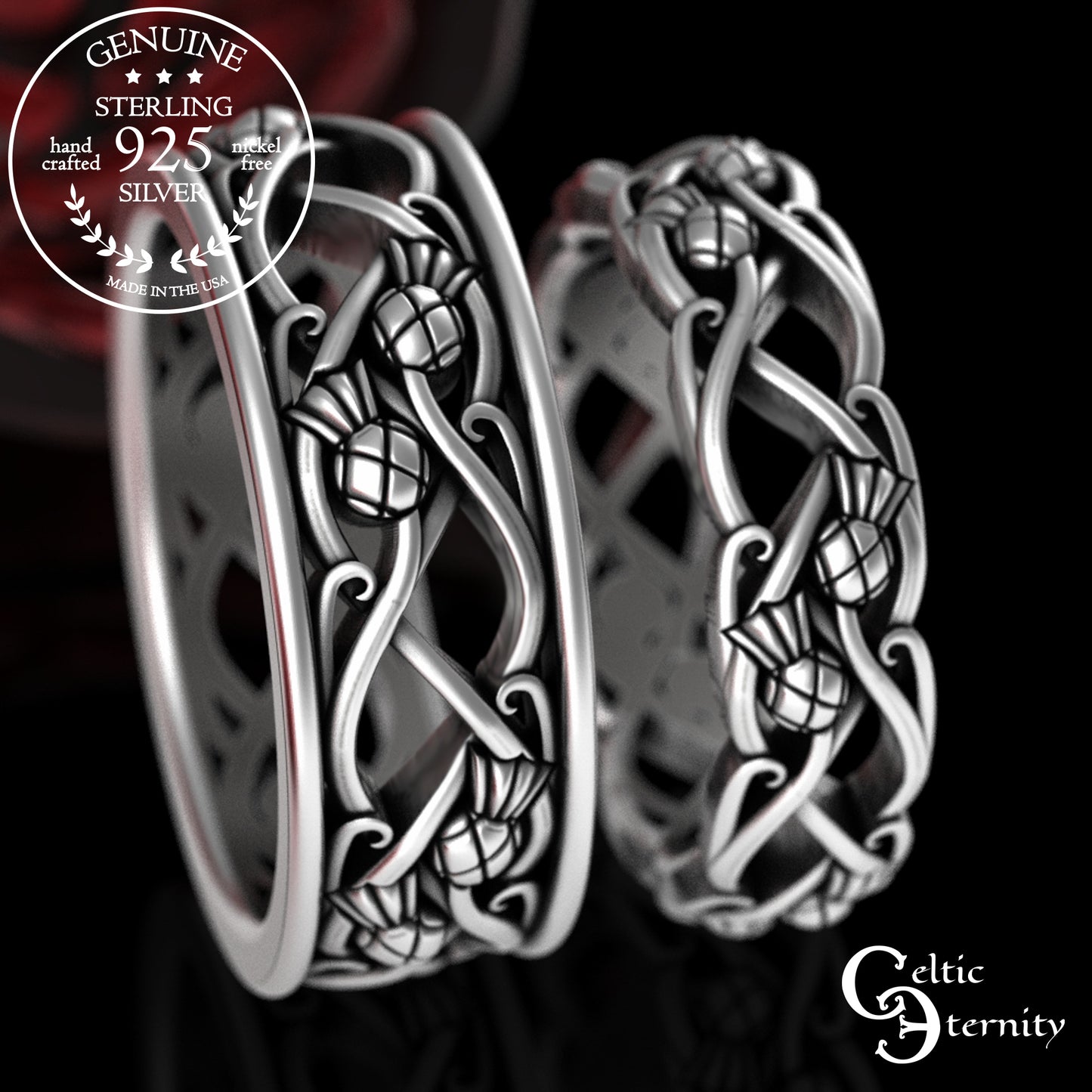 Sterling Matching Scottish Thistle Wedding Band Set, 3301 3302