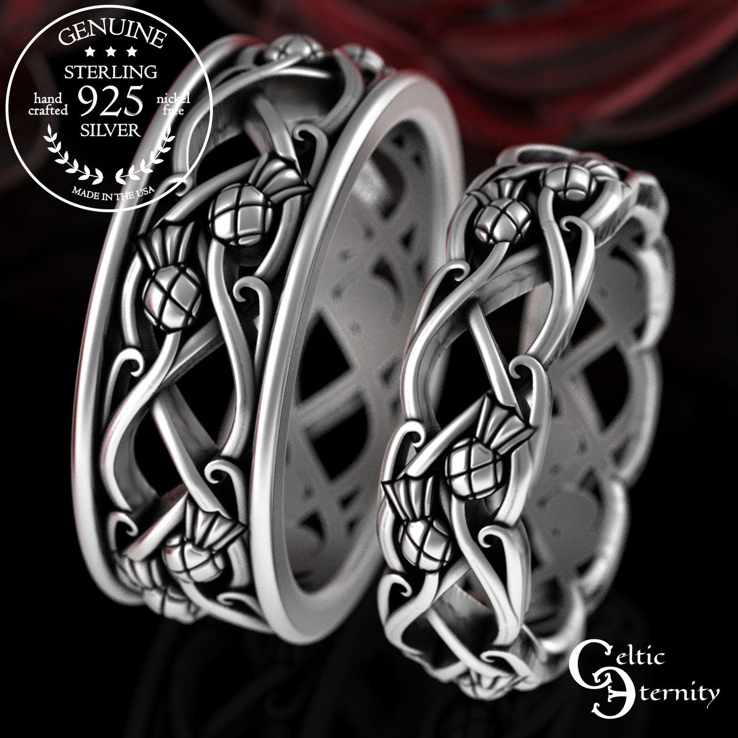 Sterling Matching Scottish Thistle Wedding Band Set, 3301 3302