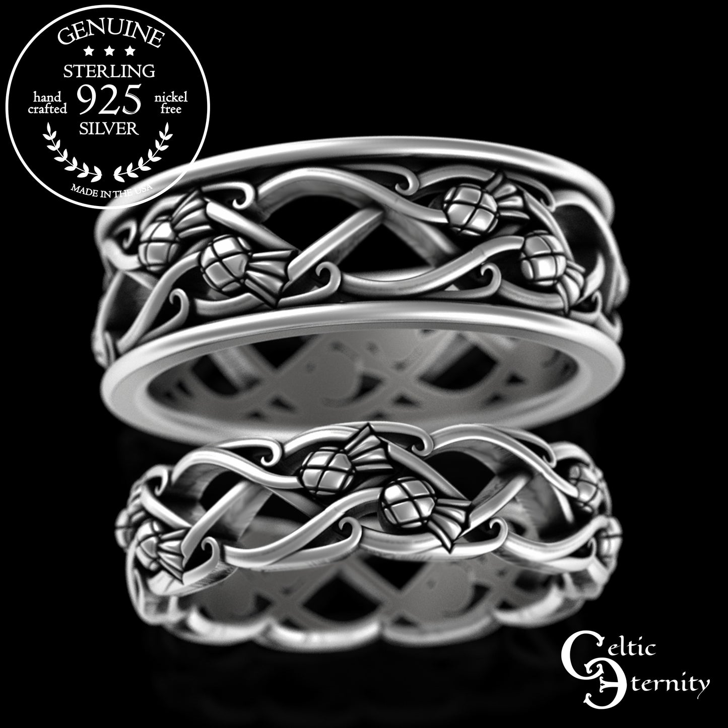 Sterling Matching Scottish Thistle Wedding Band Set, 3301 3302