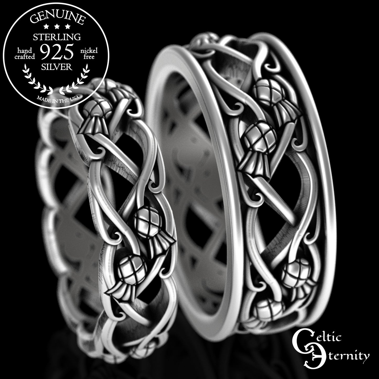 Sterling Matching Scottish Thistle Wedding Band Set, 3301 3302