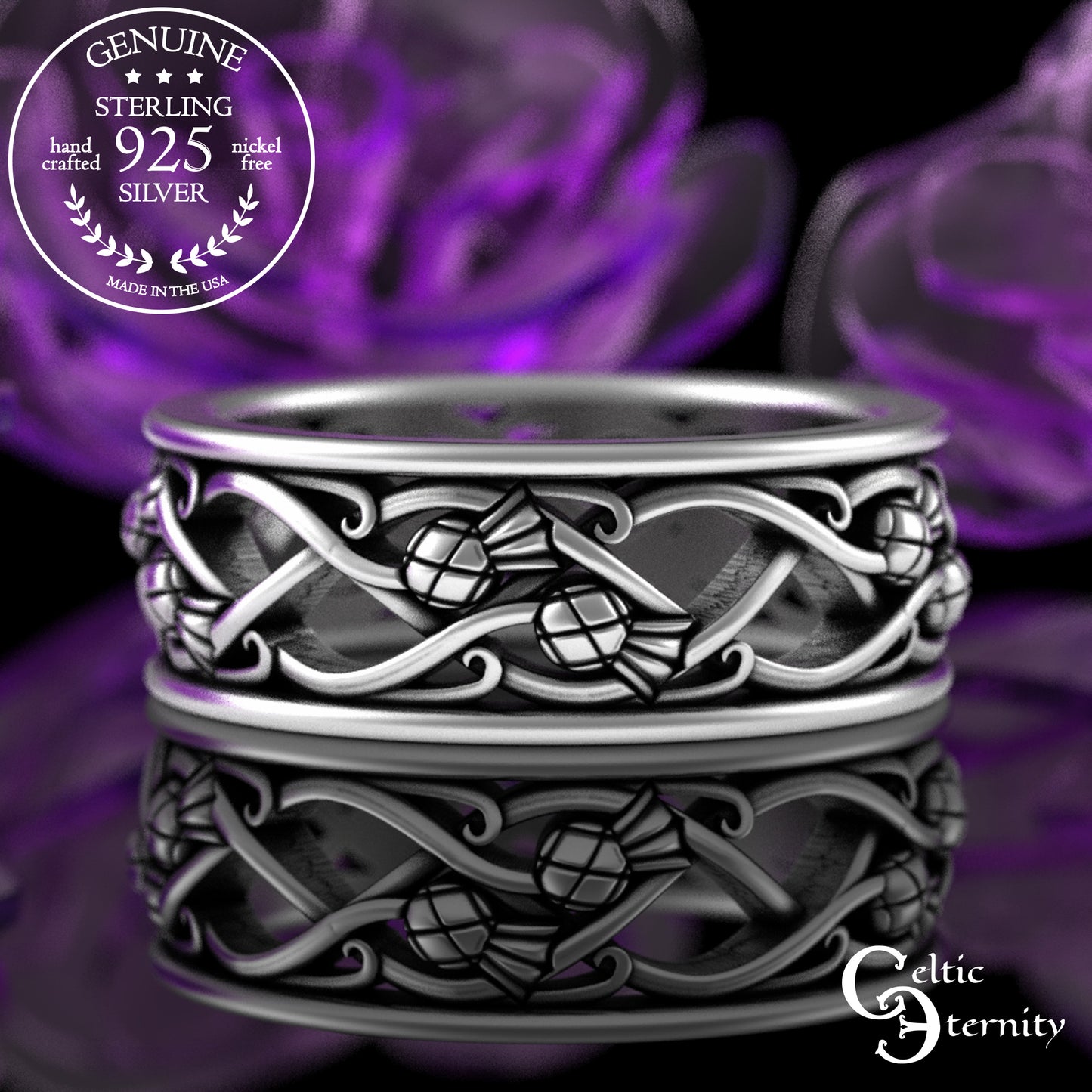 Sterling Matching Scottish Thistle Wedding Band Set, 3301 3302