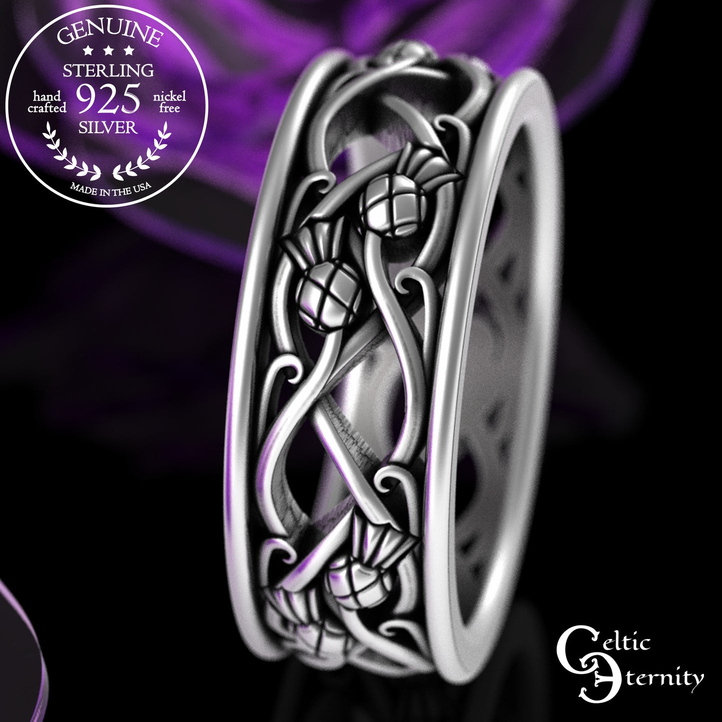Sterling Matching Scottish Thistle Wedding Band Set, 3301 3302