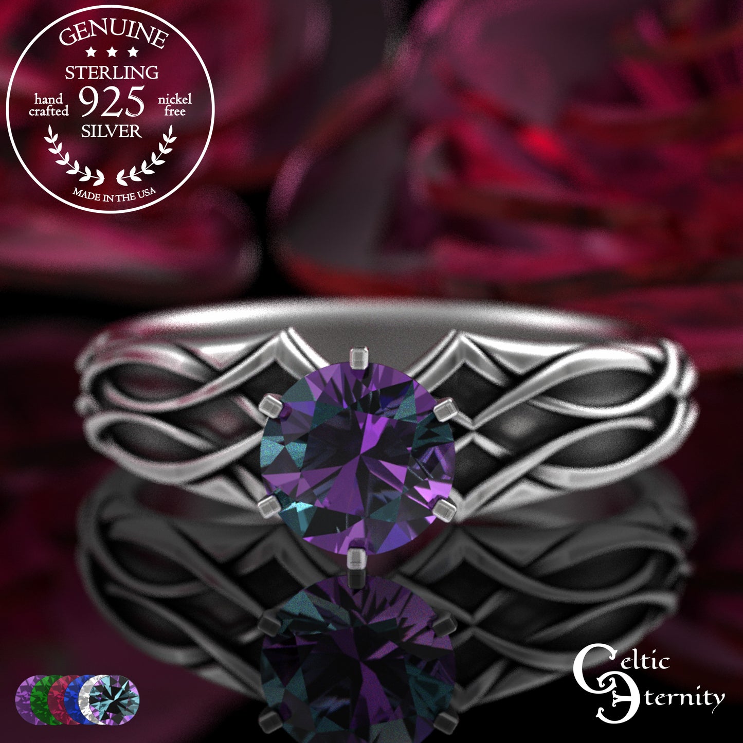 Sterling Alexandrite Celtic Engagement Ring with Diamond-Knotwork, 3343