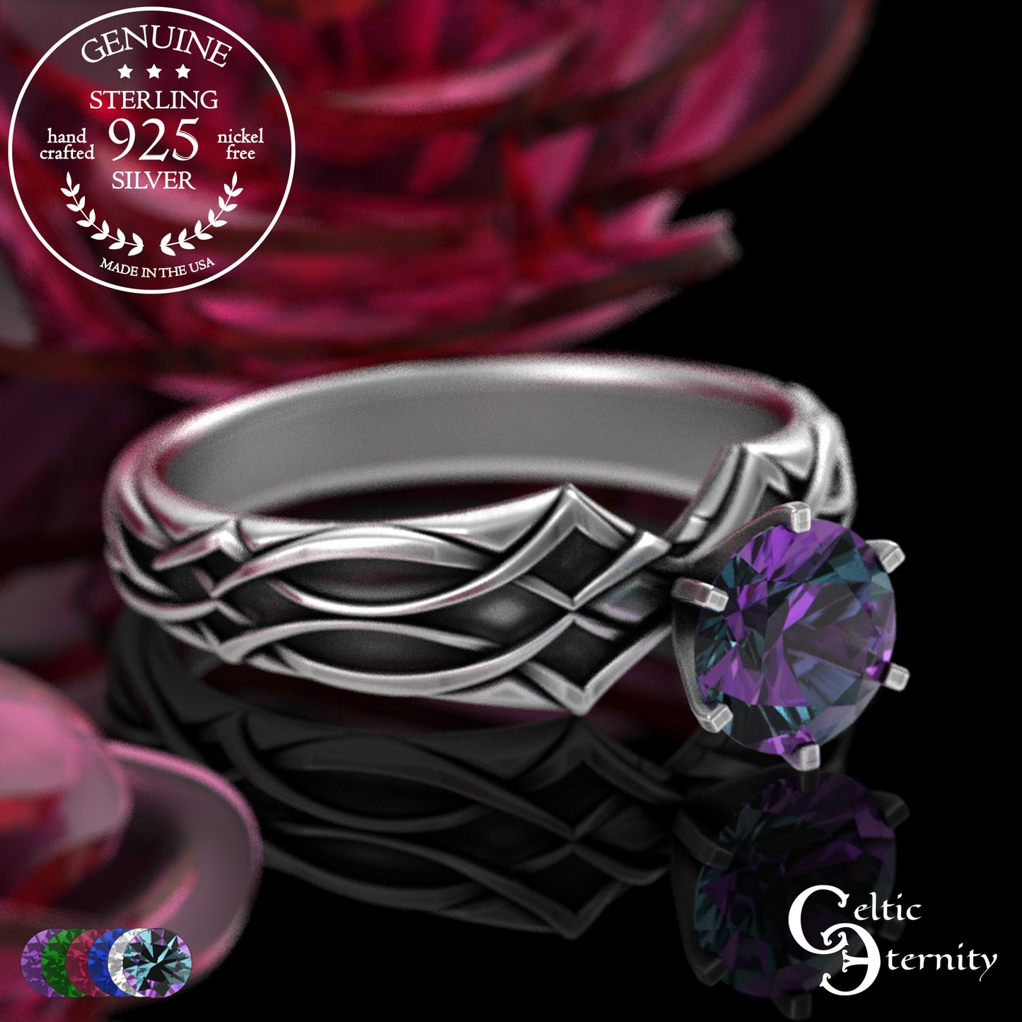 Sterling Alexandrite Celtic Engagement Ring with Diamond-Knotwork, 3343