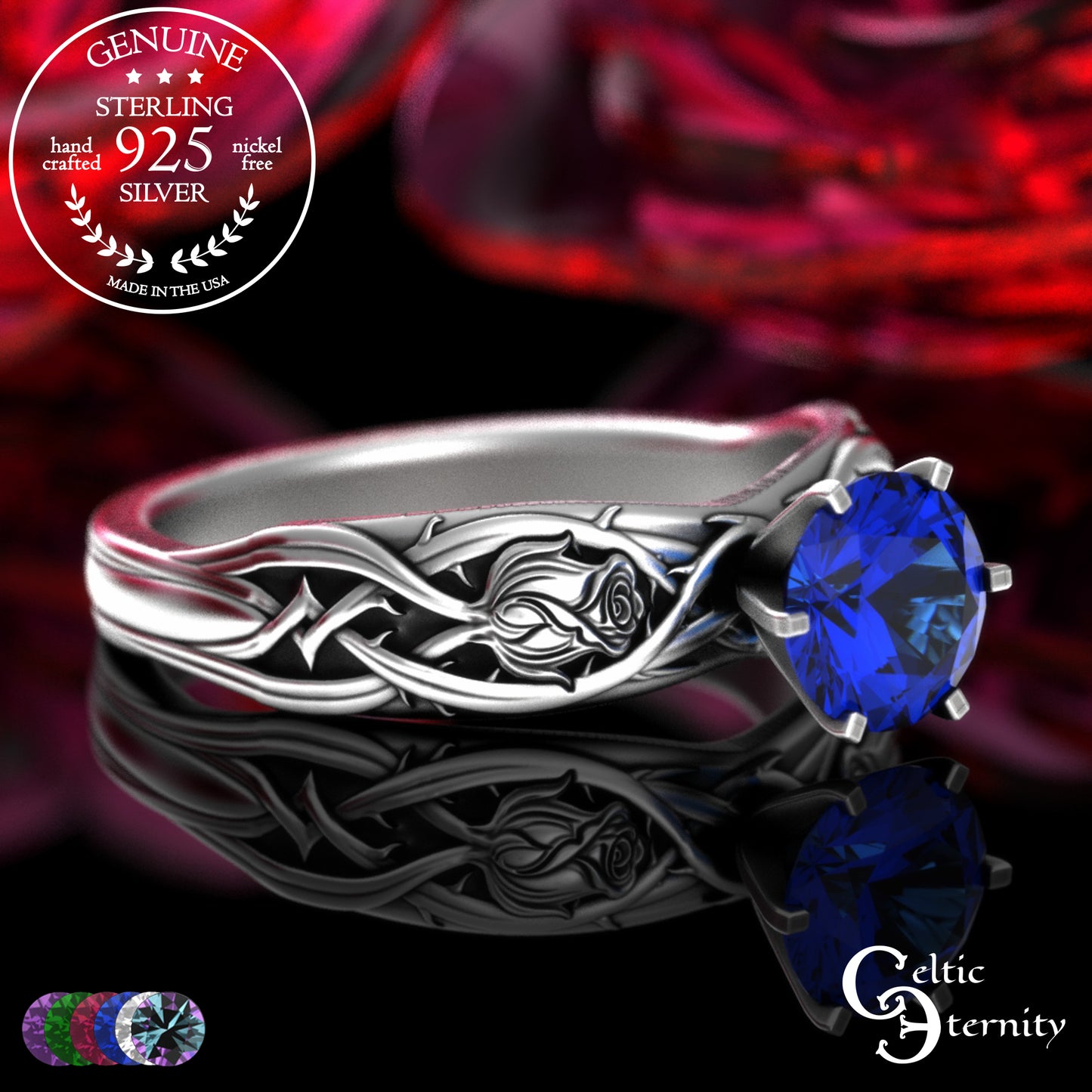 Sterling Silver Irish Rose Engagement Ring with Alexandrite Prong Head, 3347