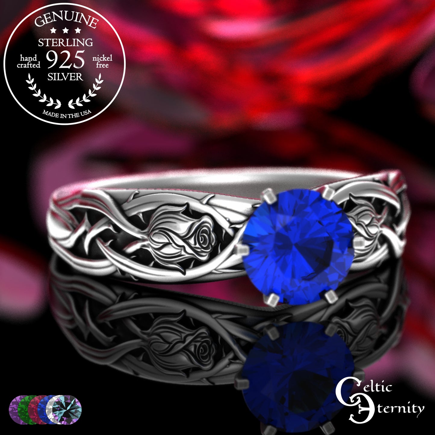 Sterling Silver Irish Rose Engagement Ring with Alexandrite Prong Head, 3347