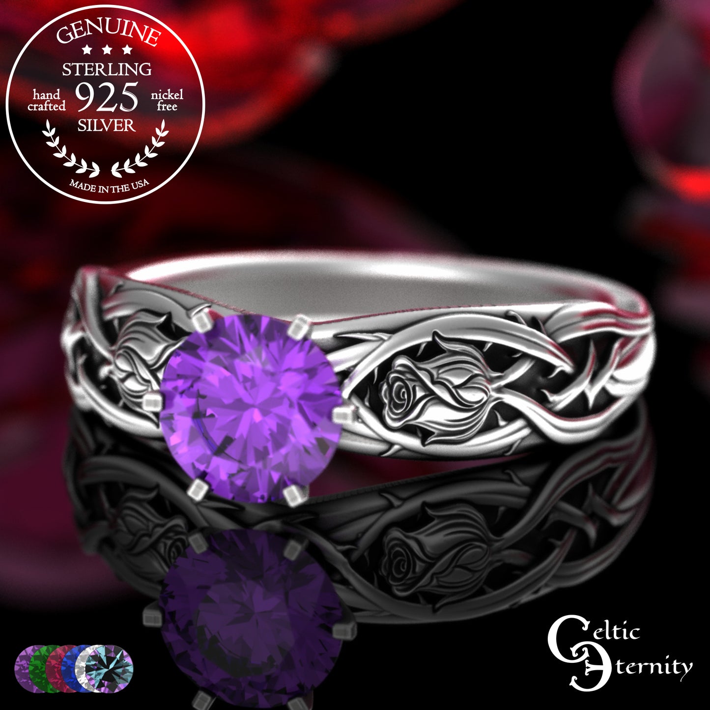 Sterling Silver Irish Rose Engagement Ring with Alexandrite Prong Head, 3347