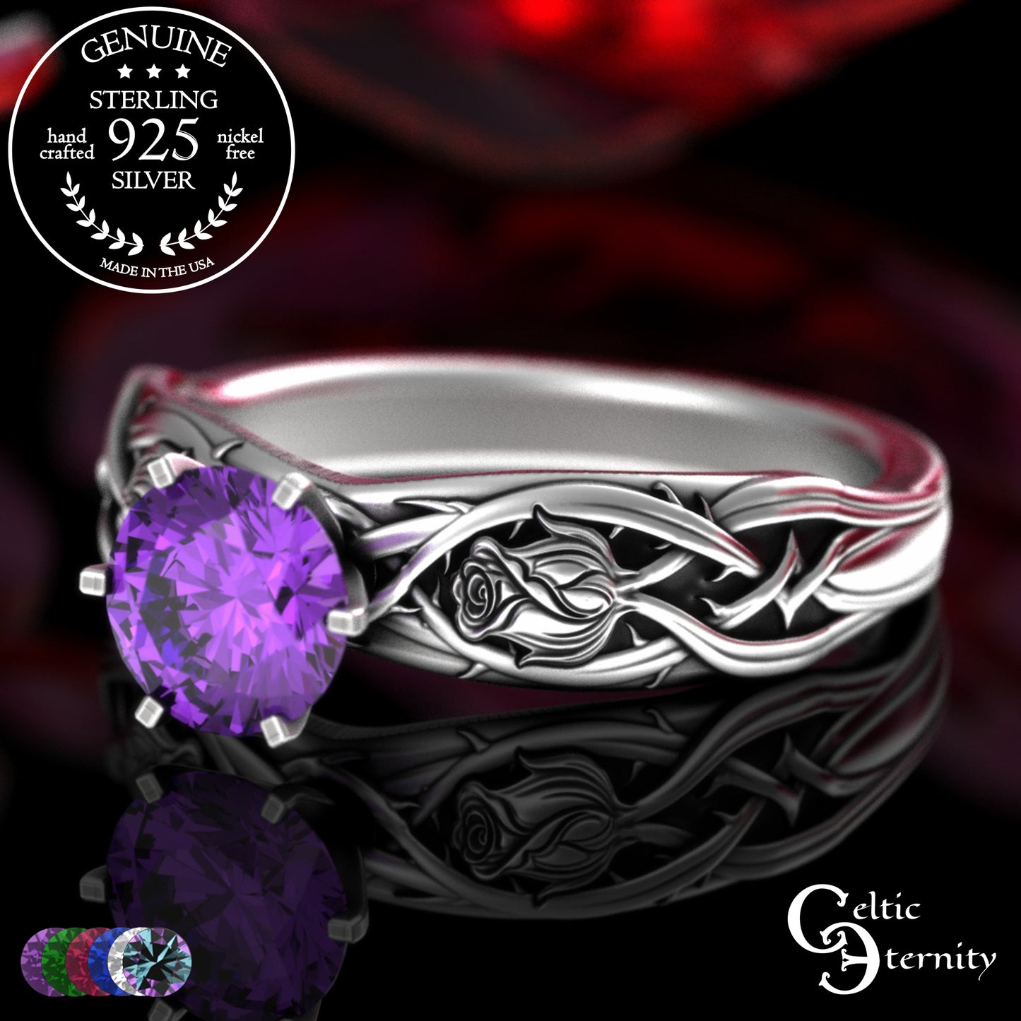 Sterling Silver Irish Rose Engagement Ring with Alexandrite Prong Head, 3347