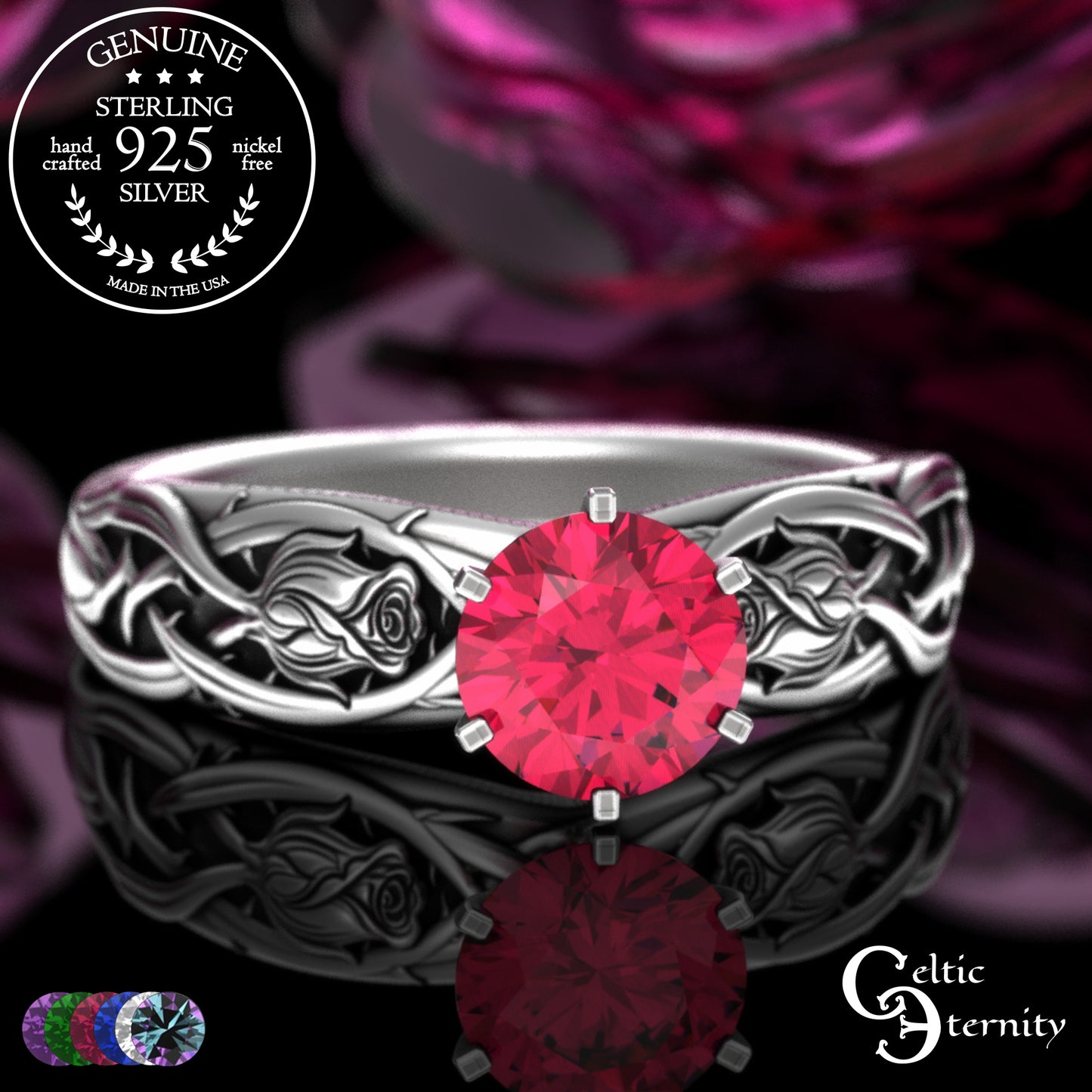 Sterling Silver Irish Rose Engagement Ring with Alexandrite Prong Head, 3347
