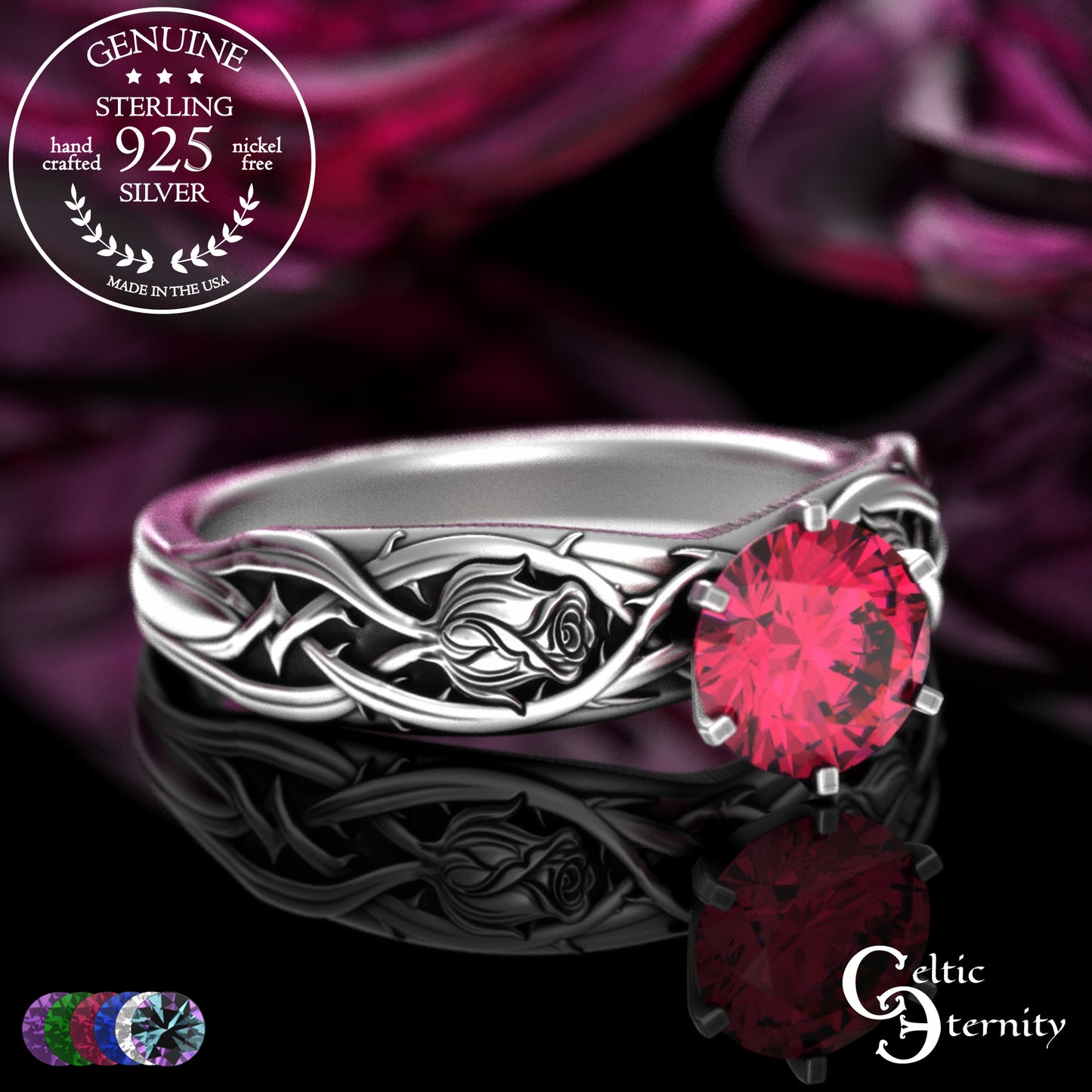 Sterling Silver Irish Rose Engagement Ring with Alexandrite Prong Head, 3347