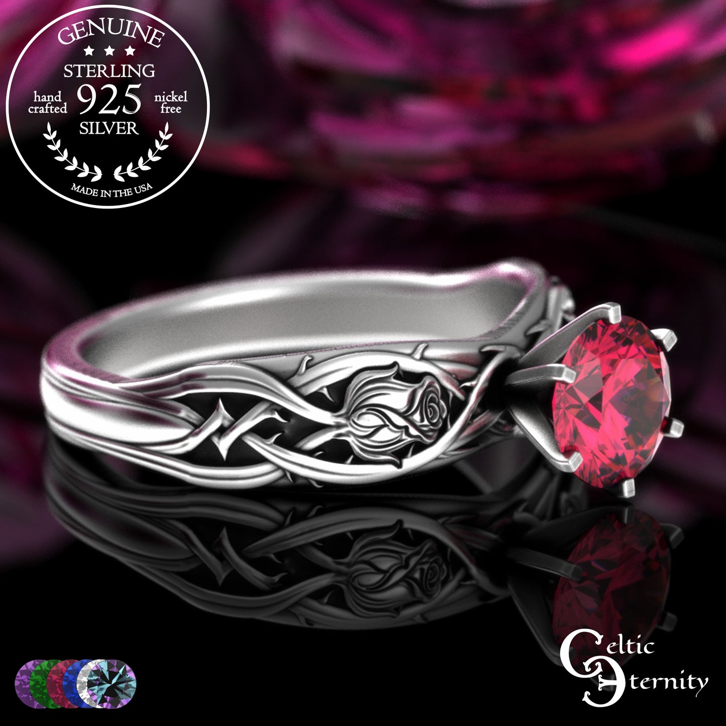 Sterling Silver Irish Rose Engagement Ring with Alexandrite Prong Head, 3347