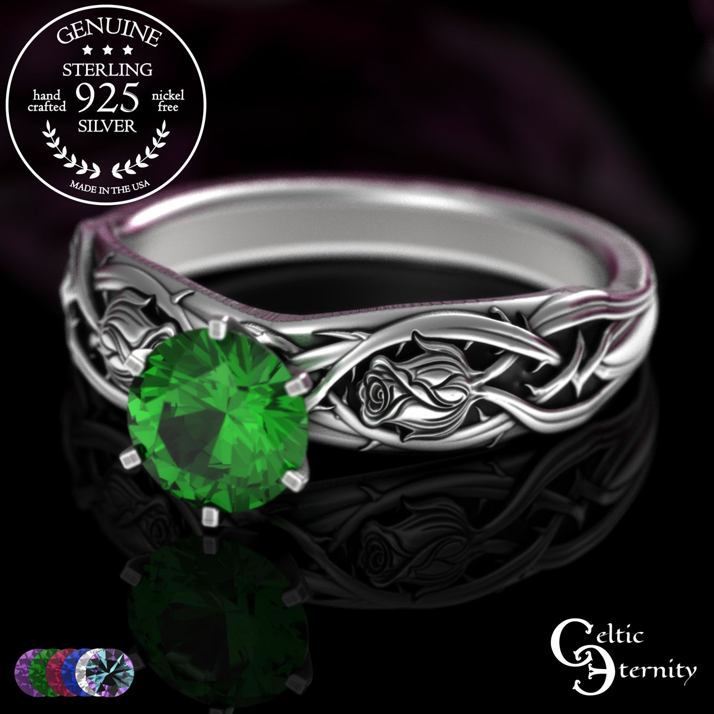 Sterling Silver Irish Rose Engagement Ring with Alexandrite Prong Head, 3347