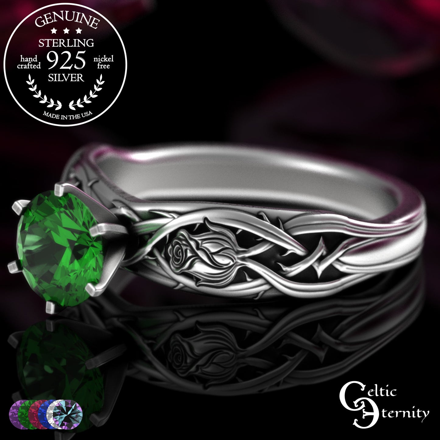 Sterling Silver Irish Rose Engagement Ring with Alexandrite Prong Head, 3347