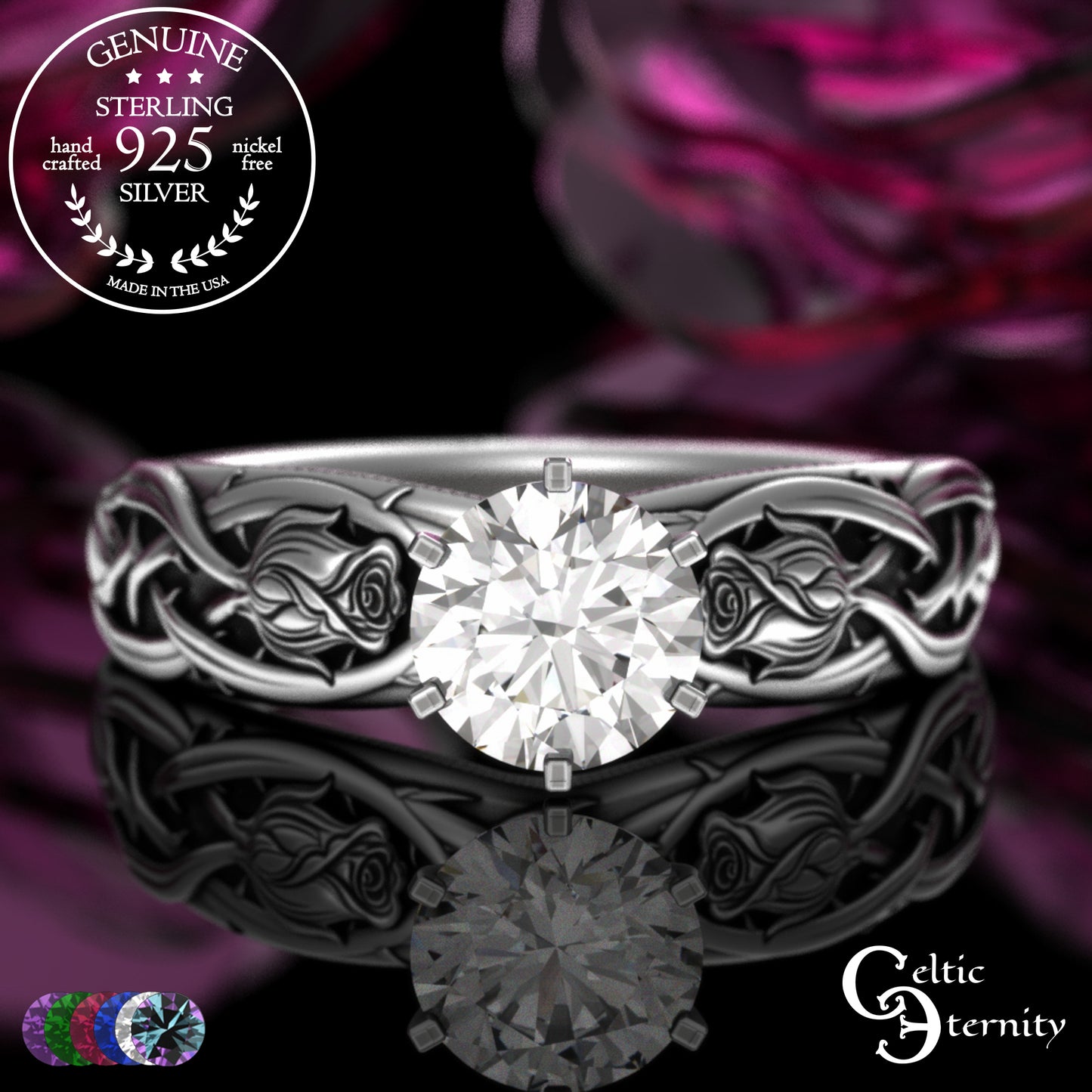Sterling Silver Irish Rose Engagement Ring with Alexandrite Prong Head, 3347