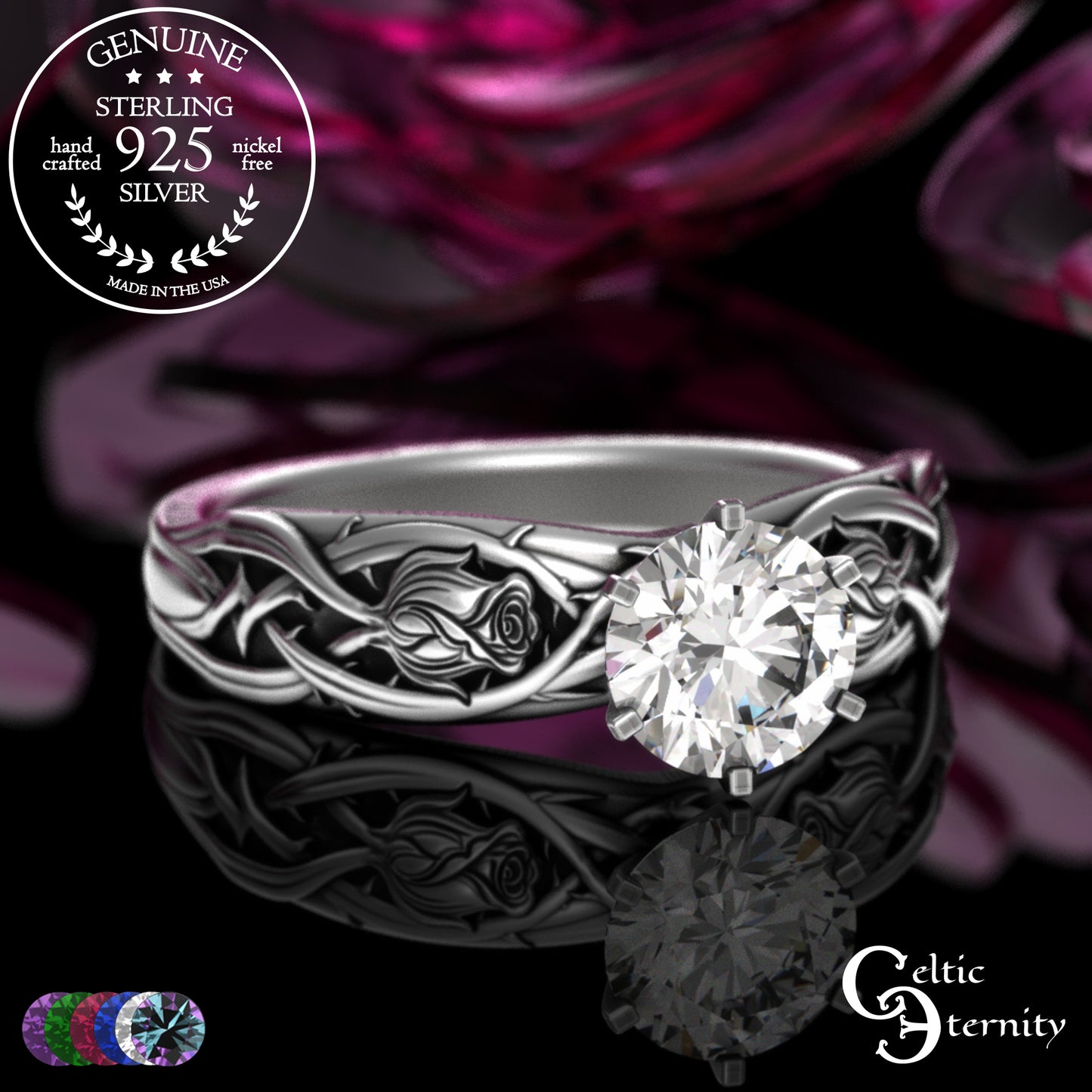 Sterling Silver Irish Rose Engagement Ring with Alexandrite Prong Head, 3347