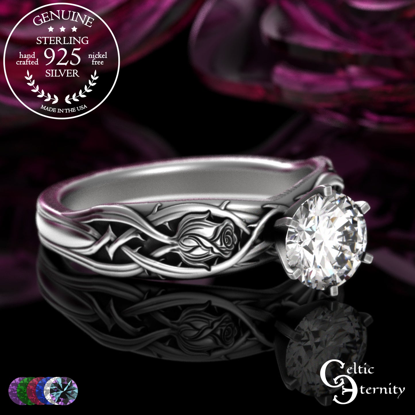 Sterling Silver Irish Rose Engagement Ring with Alexandrite Prong Head, 3347