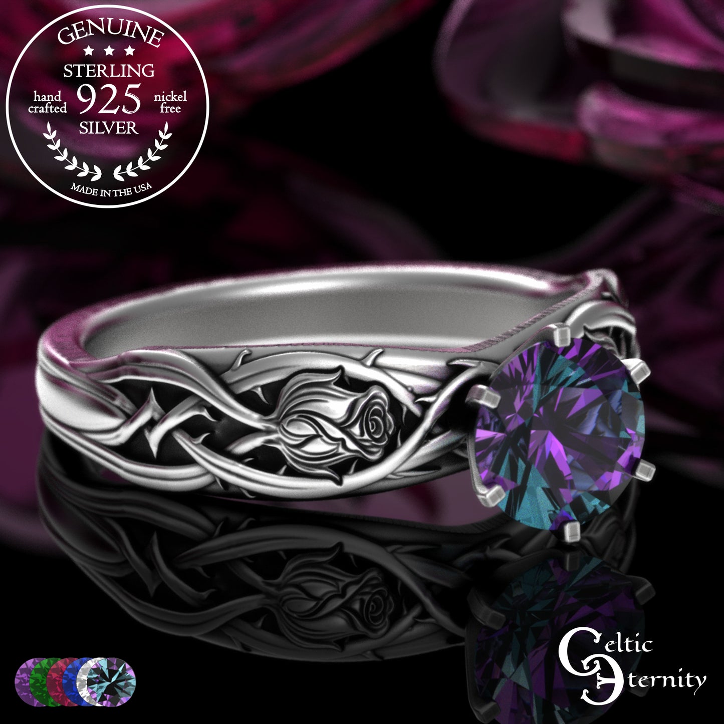 Sterling Silver Irish Rose Engagement Ring with Alexandrite Prong Head, 3347