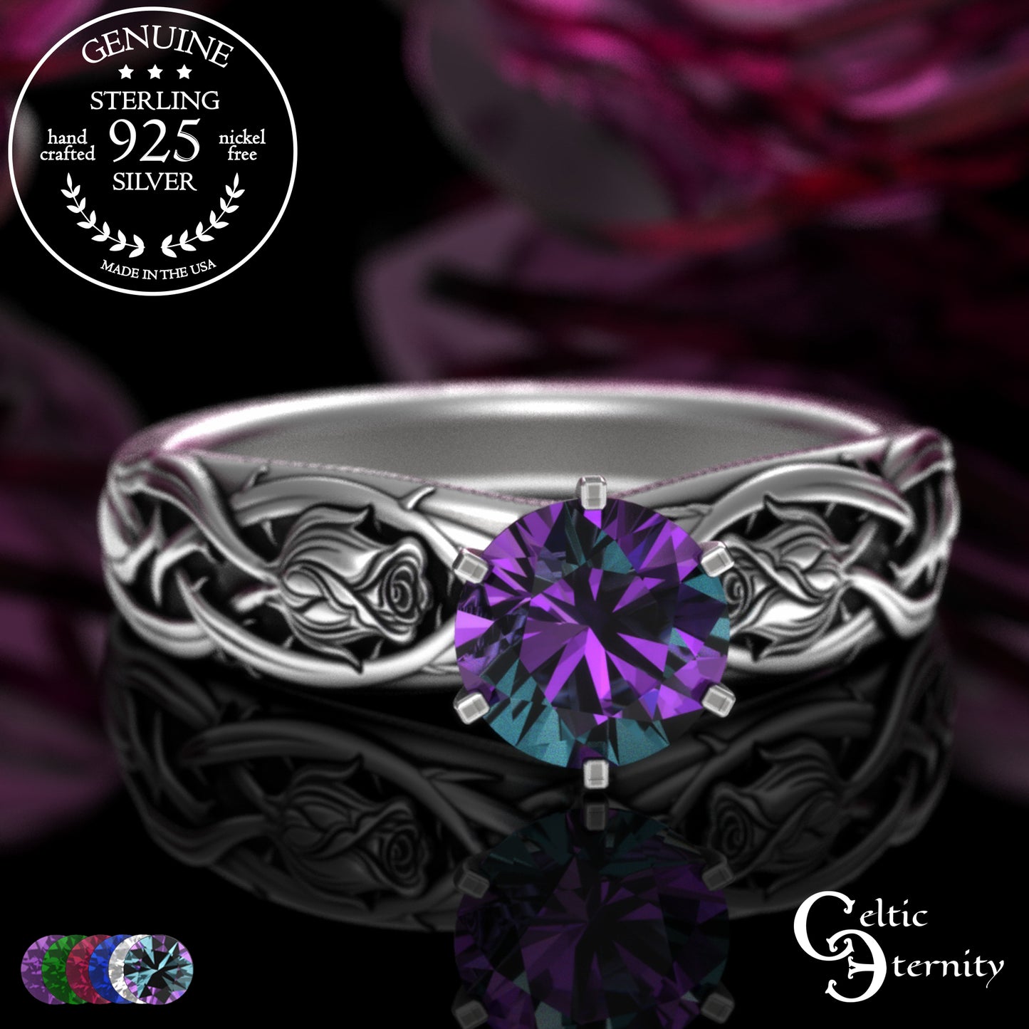 Sterling Silver Irish Rose Engagement Ring with Alexandrite Prong Head, 3347