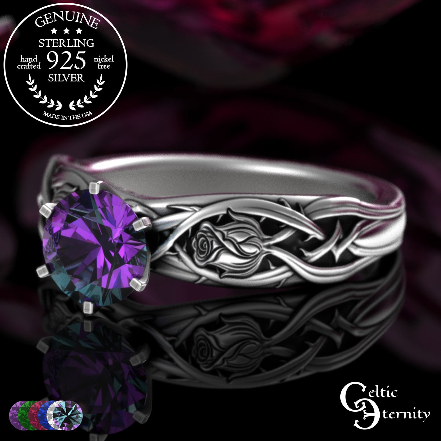 Sterling Silver Irish Rose Engagement Ring with Alexandrite Prong Head, 3347