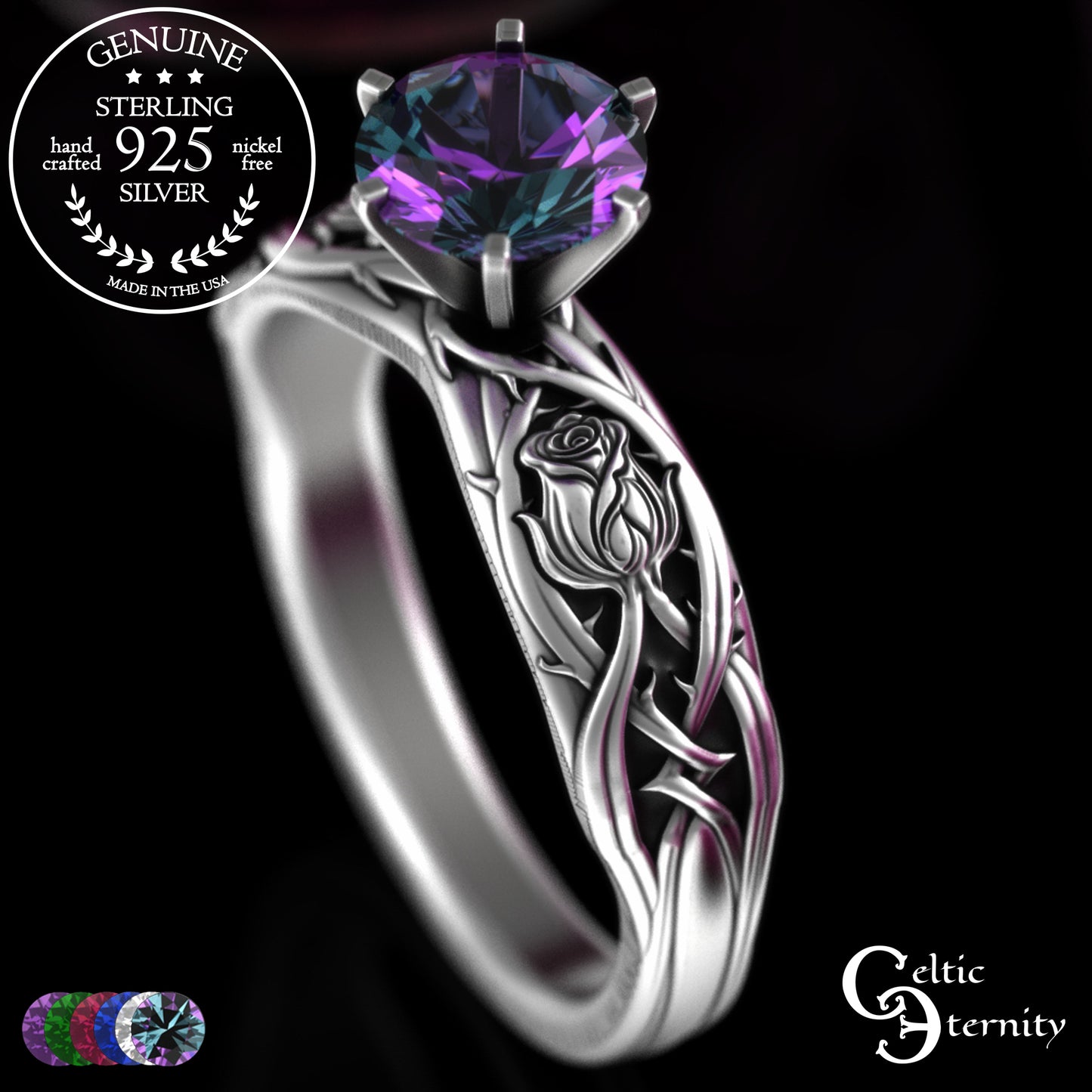 Sterling Silver Irish Rose Engagement Ring with Alexandrite Prong Head, 3347