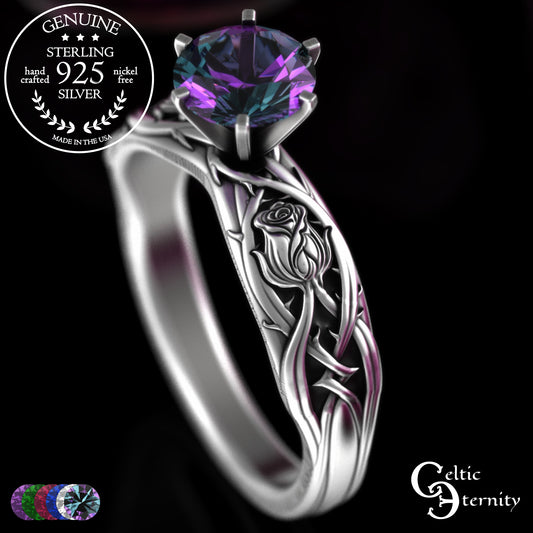 Sterling Silver Irish Rose Engagement Ring with Alexandrite Prong Head, 3347