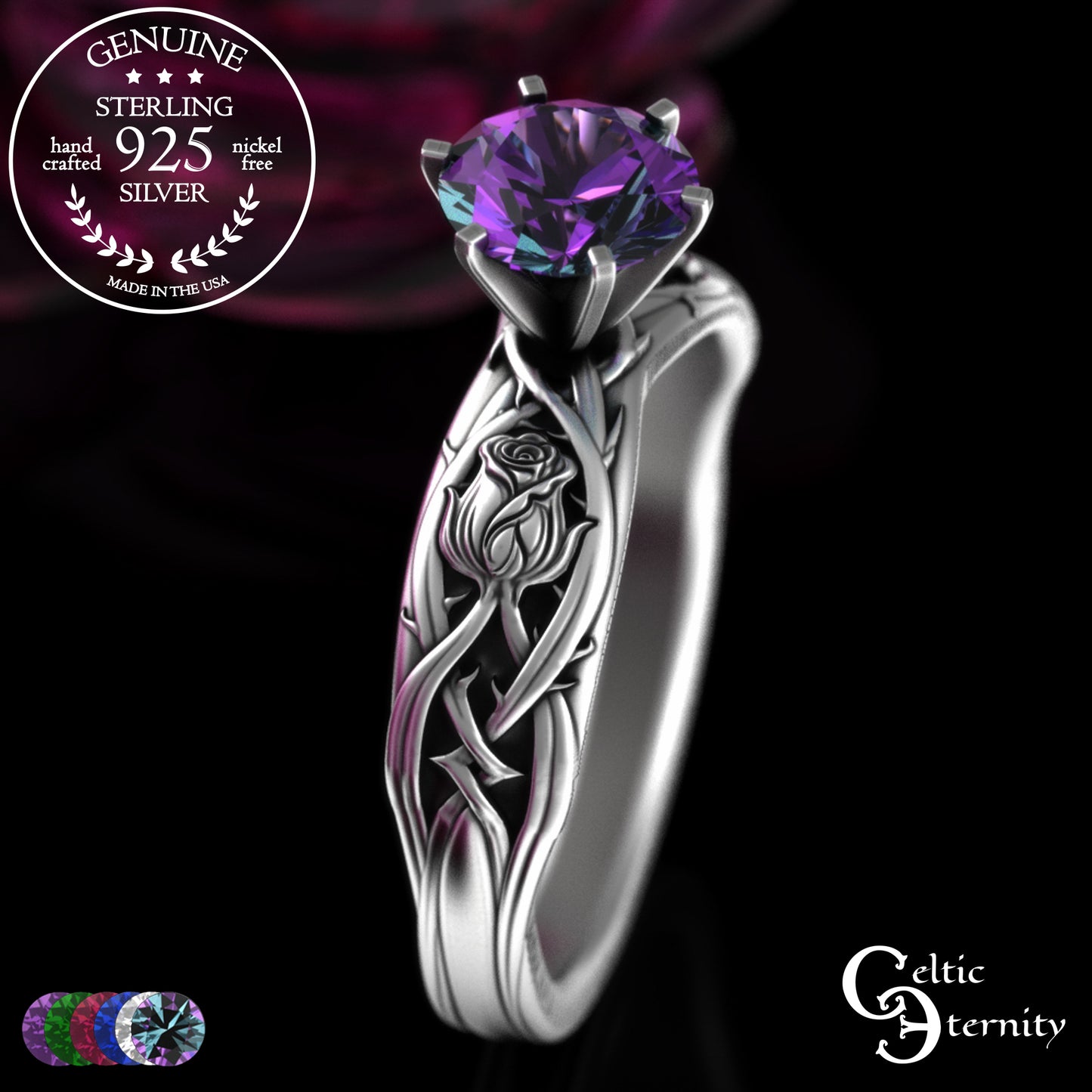 Sterling Silver Irish Rose Engagement Ring with Alexandrite Prong Head, 3347