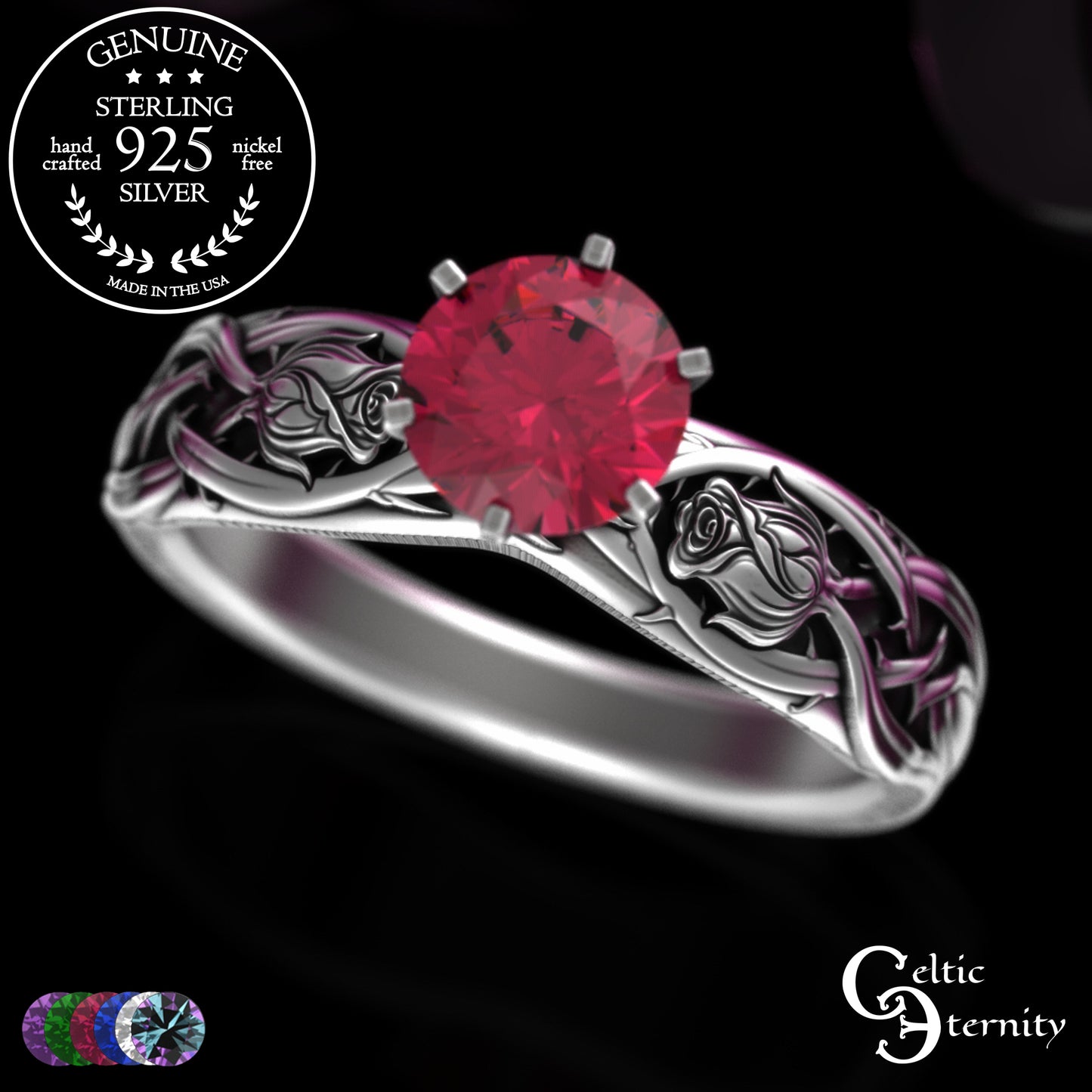 Sterling Silver Irish Rose Engagement Ring with Alexandrite Prong Head, 3347