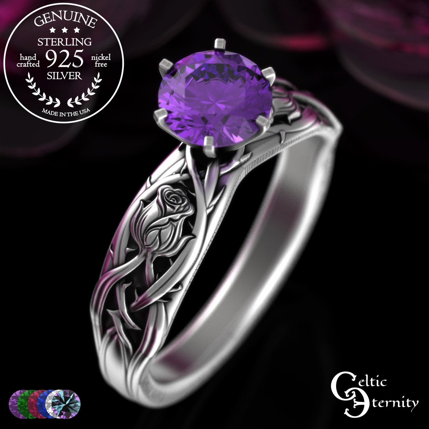 Sterling Silver Irish Rose Engagement Ring with Alexandrite Prong Head, 3347