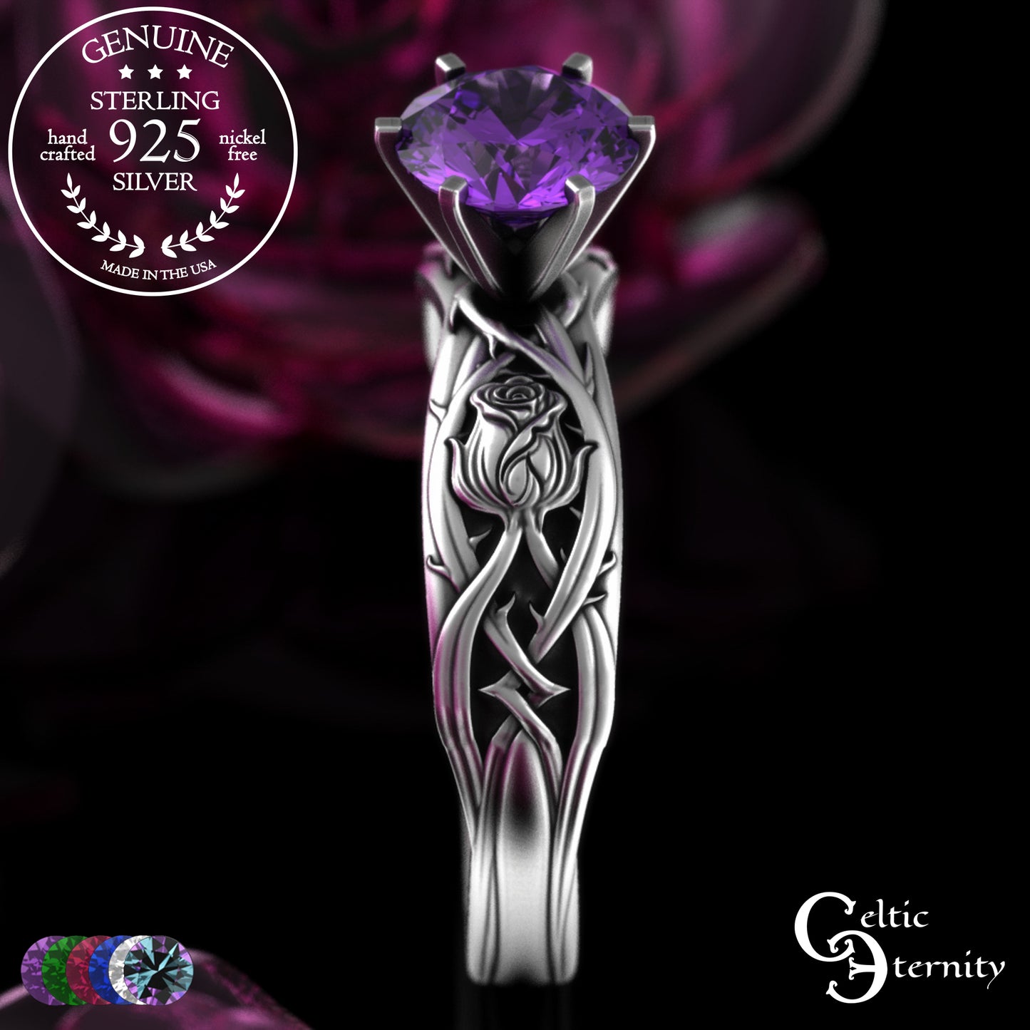 Sterling Silver Irish Rose Engagement Ring with Alexandrite Prong Head, 3347