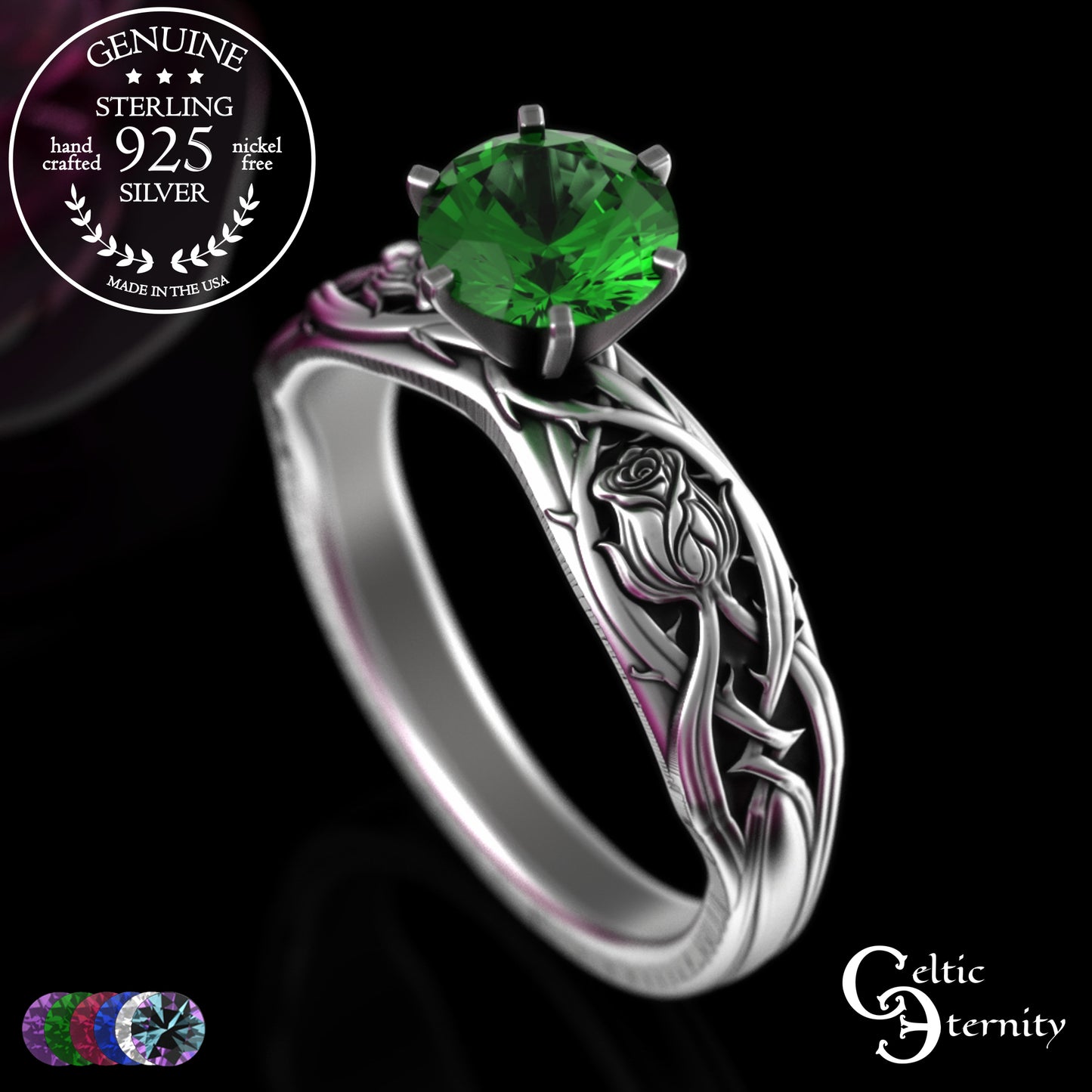 Sterling Silver Irish Rose Engagement Ring with Alexandrite Prong Head, 3347