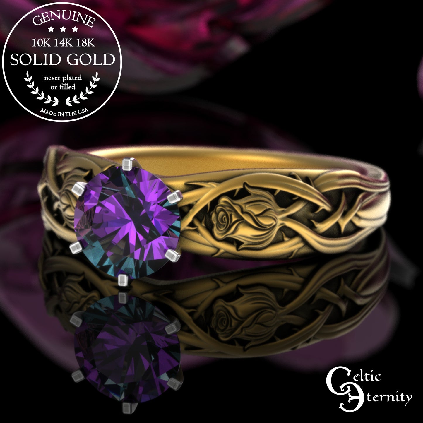 Sterling Silver Irish Rose Engagement Ring with Alexandrite Prong Head, 3347