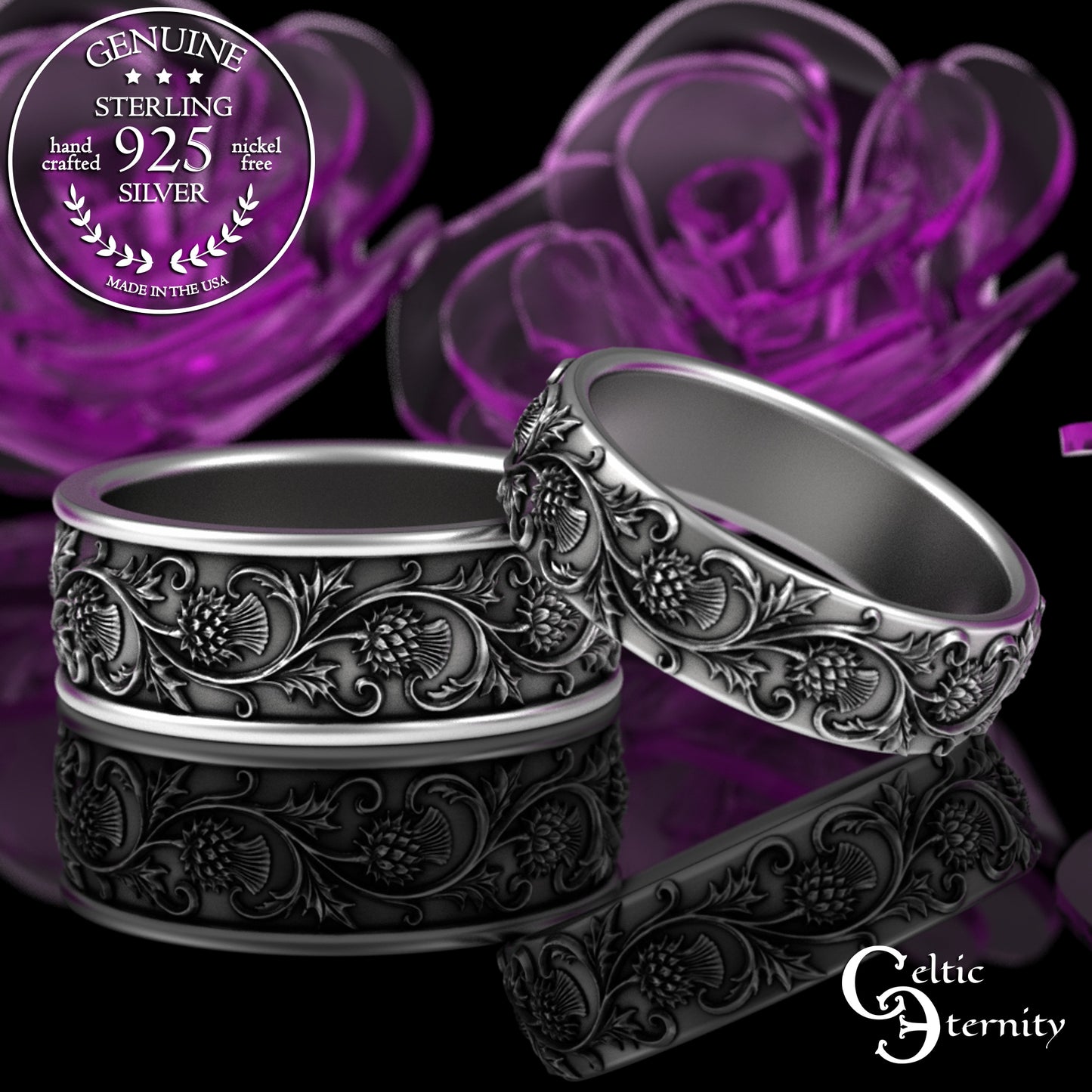 Sterling His & Hers Celtic Thistle Wedding Band Set, 3349 3352