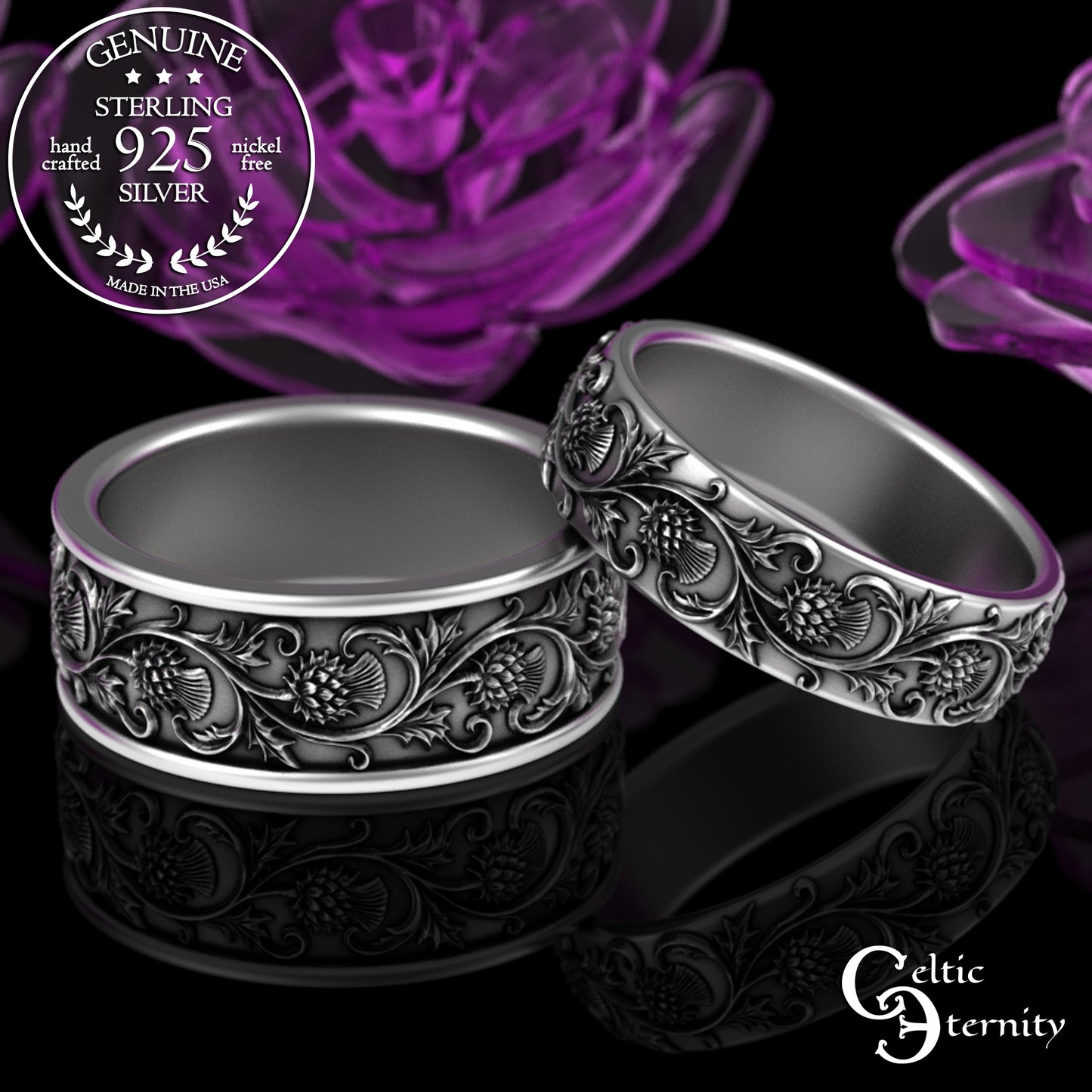Sterling His & Hers Celtic Thistle Wedding Band Set, 3349 3352