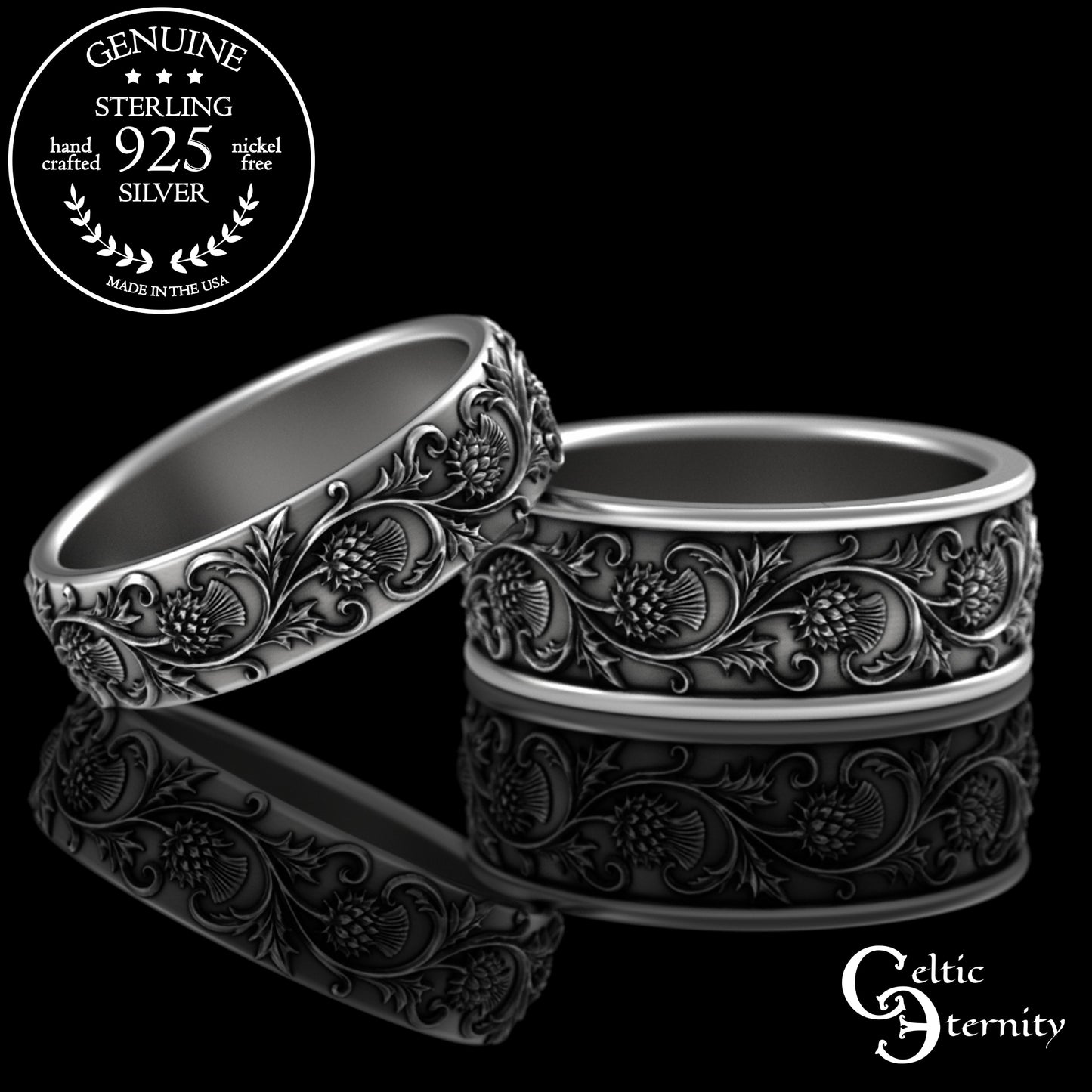 Sterling His & Hers Celtic Thistle Wedding Band Set, 3349 3352