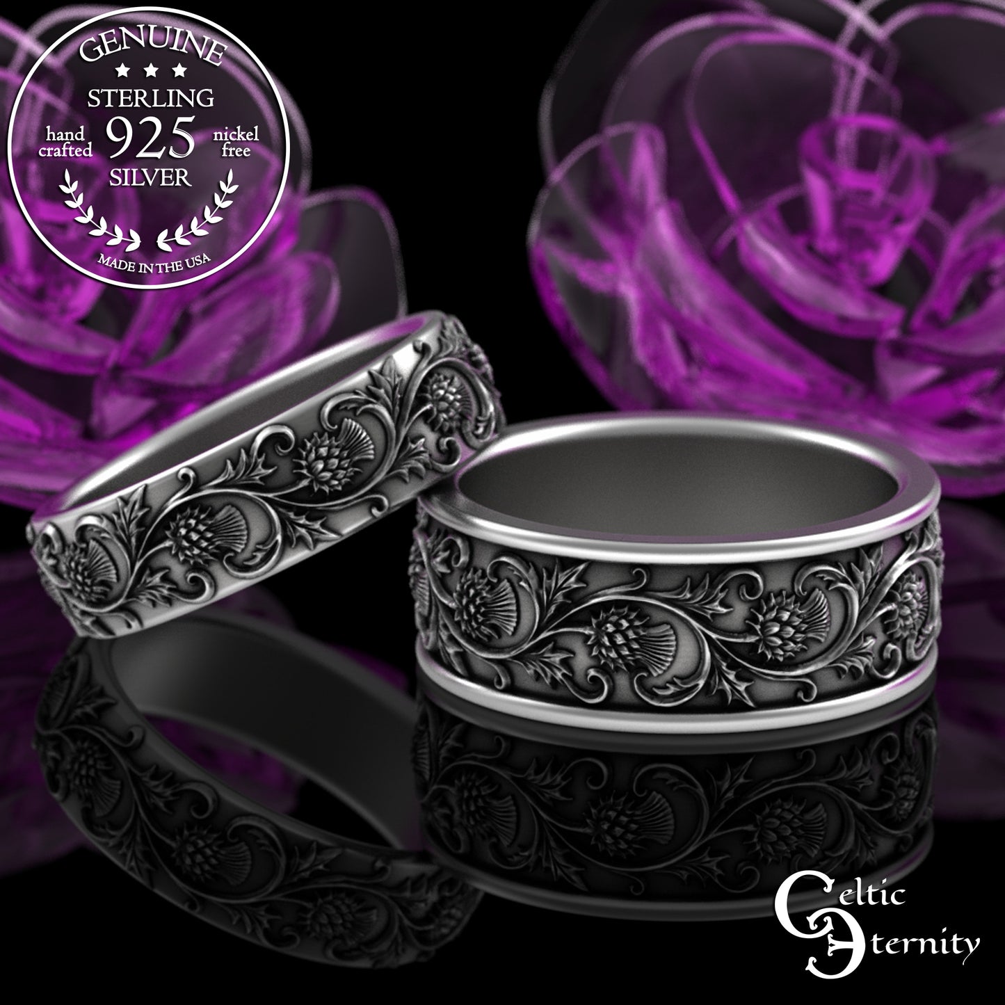 Sterling His & Hers Celtic Thistle Wedding Band Set, 3349 3352