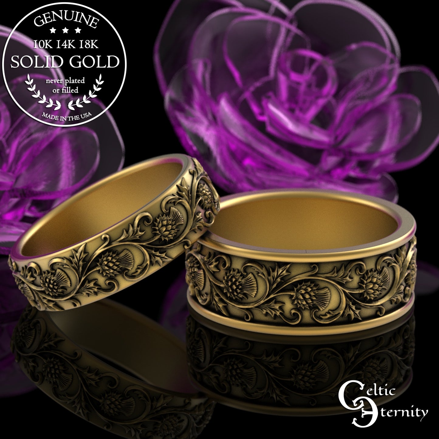 Sterling Silver Men's Irish Thistle Wedding Band, 3352